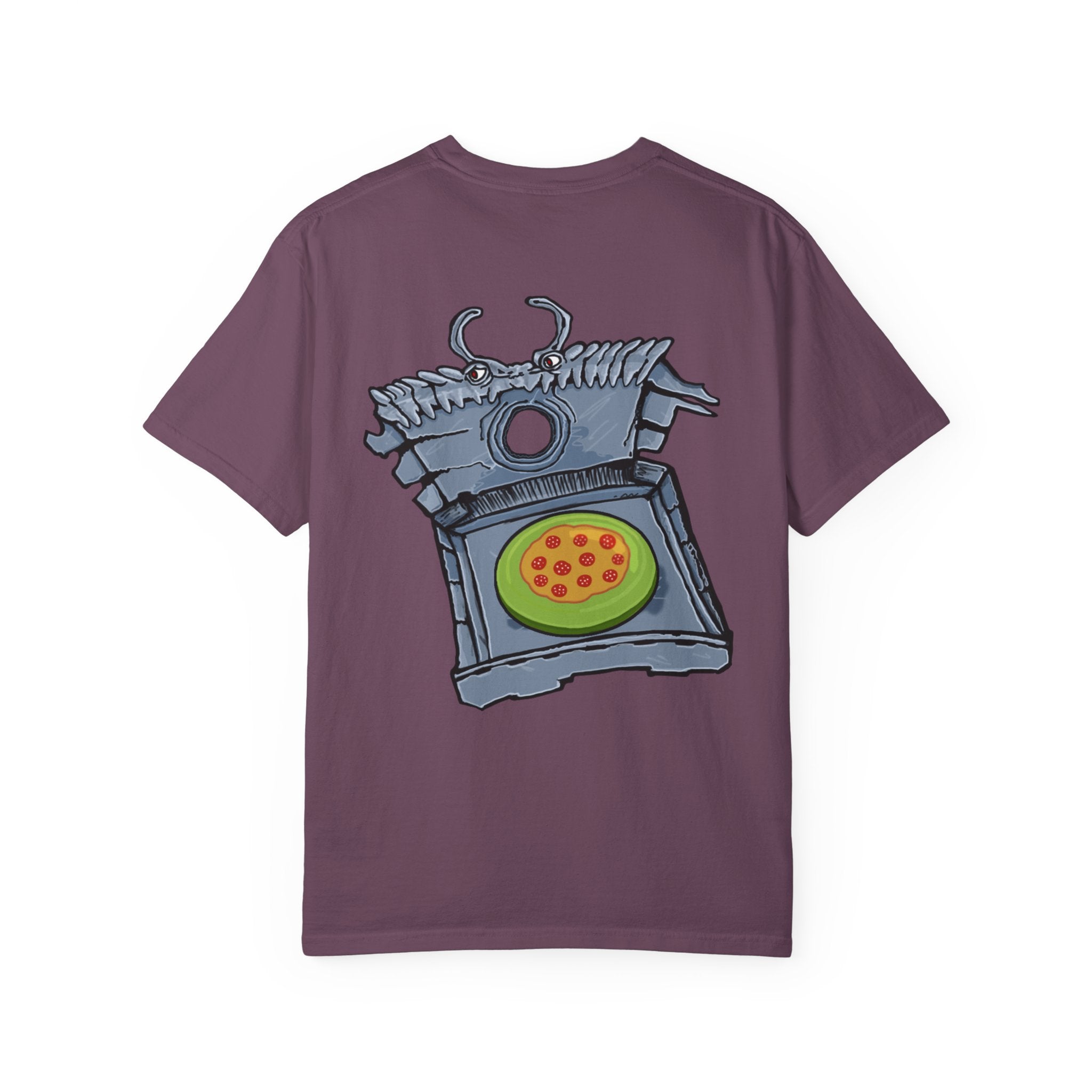 Freaky Features Franky t-shirt, front shows Frankenstein-style monster head with cucumber eyes and poison vial nose, back shows monster-headed pizza box with green pizza frisbee