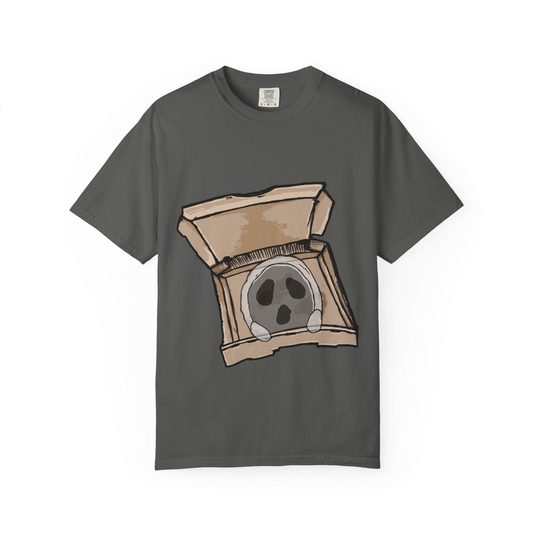 Hand-drawn ghost pizza box t-shirt showing open pizza box with a spooky ghost inside from PizzaBytes collection

