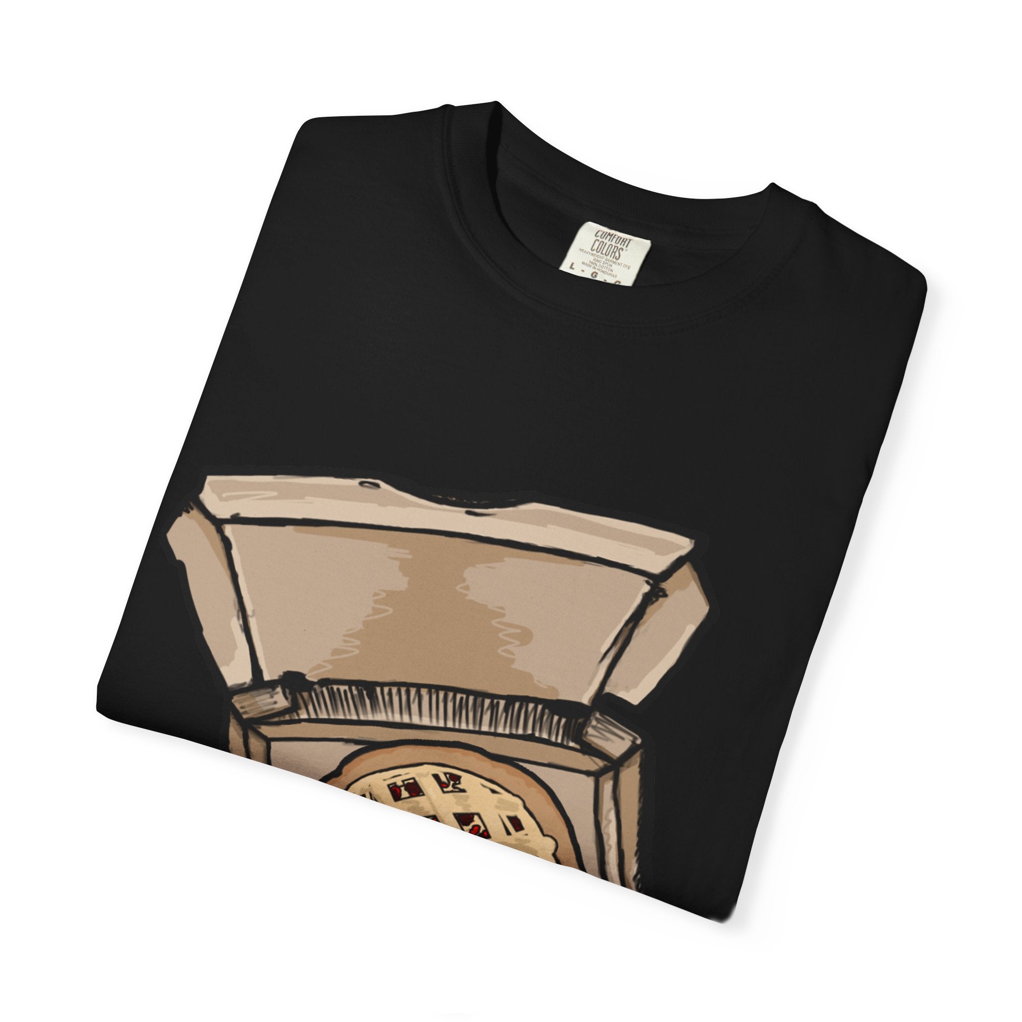 Hand-drawn cherry pie pizza box t-shirt showing open pizza box with lattice-top cherry pie from PizzaBytes collection

