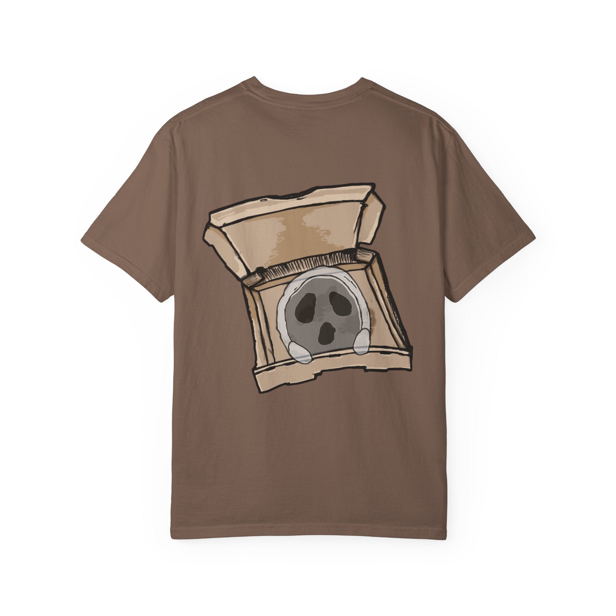 Freaky Features Ghost t-shirt, front shows creepy ghost hood with weapons and screaming eye mouth, back shows open pizza box with floating ghost face
