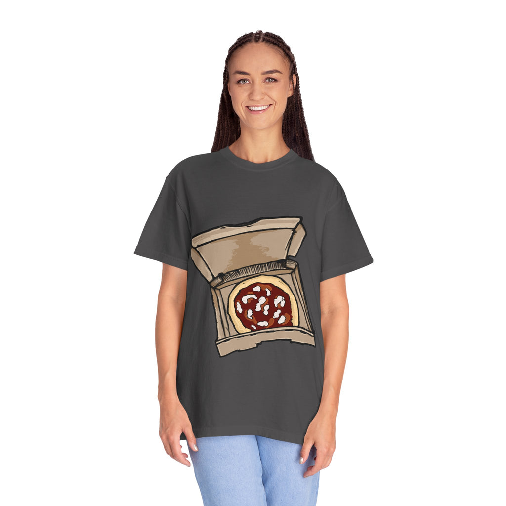 Hand-drawn mozzarella pizza box t-shirt showing open pizza box with red sauce and mozzarella cheese from PizzaBytes collection

