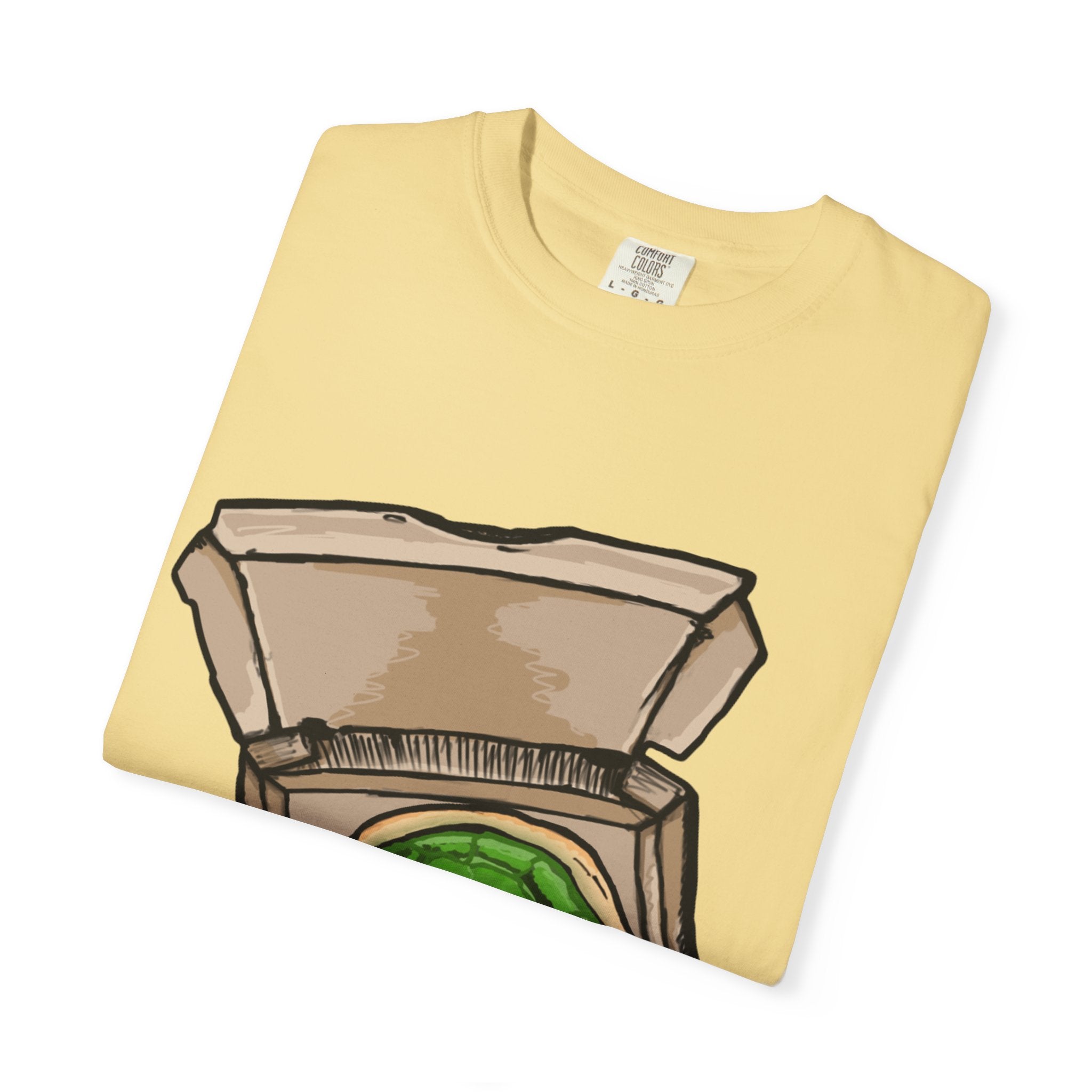 Hand-drawn jelly pizza box t-shirt showing open pizza box with green wobbly jelly pizza from PizzaBytes collection

