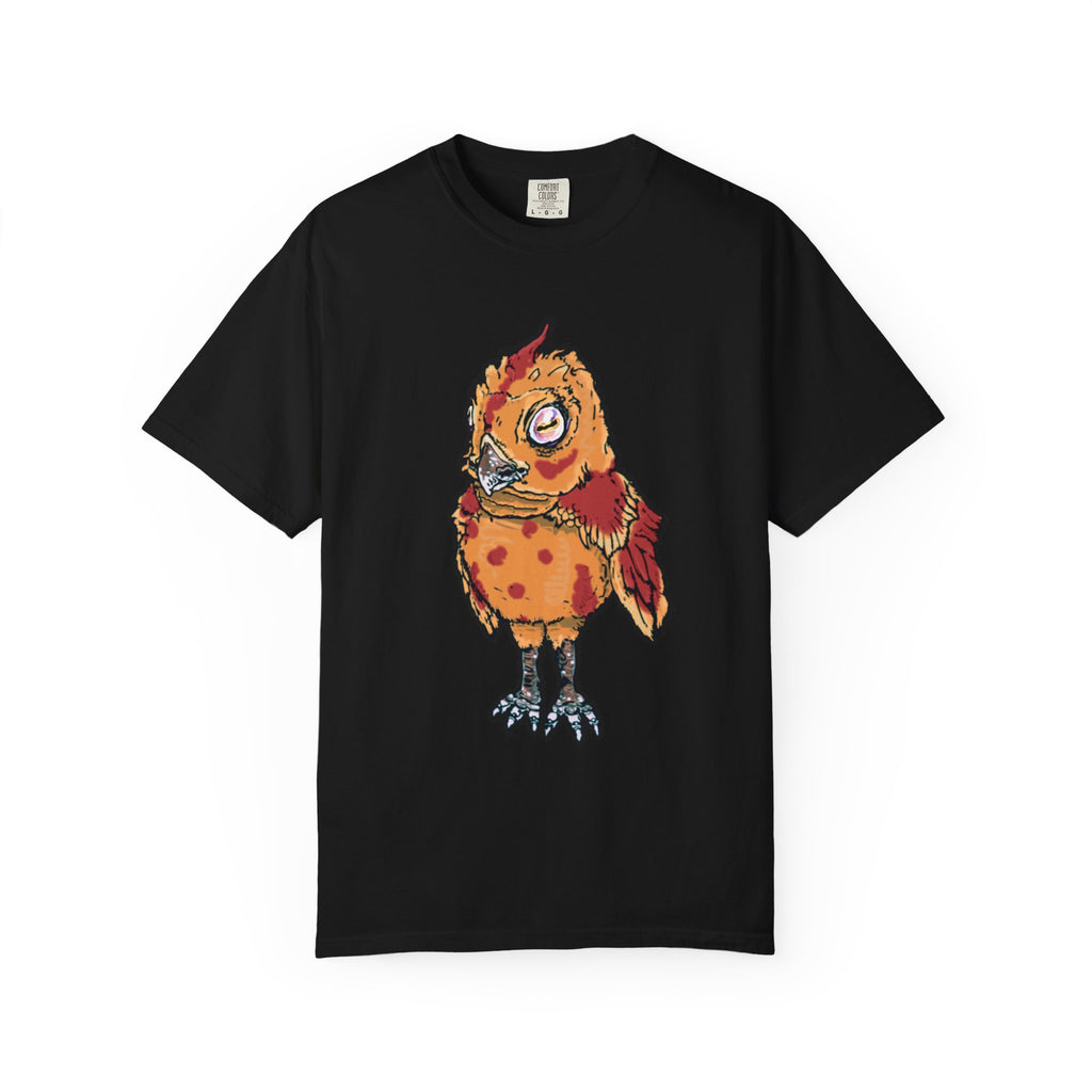 Hand-drawn spotted pizza owl monster t-shirt with melted cheese spots, pepperoni red markings and big multicolored eye tee from PizzaBytes collection