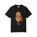 Hand-drawn spotted pizza owl monster t-shirt with melted cheese spots, pepperoni red markings and big multicolored eye tee from PizzaBytes collection