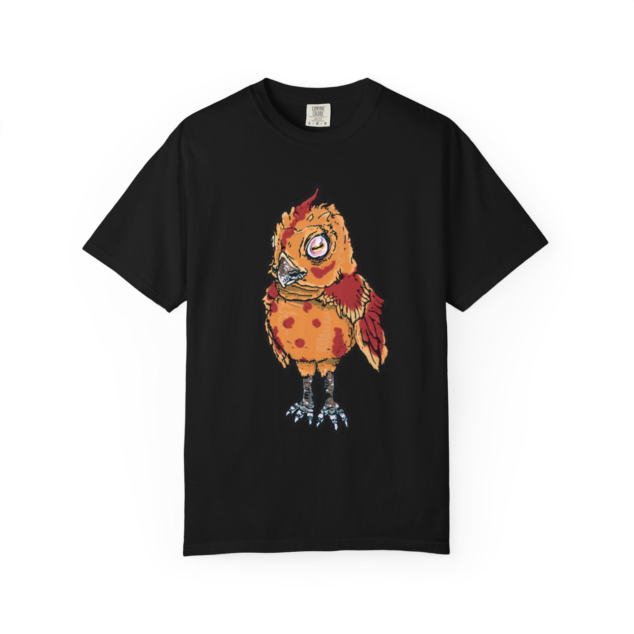 Hand-drawn spotted pizza owl monster t-shirt with melted cheese spots, pepperoni red markings and big multicolored eye tee from PizzaBytes collection