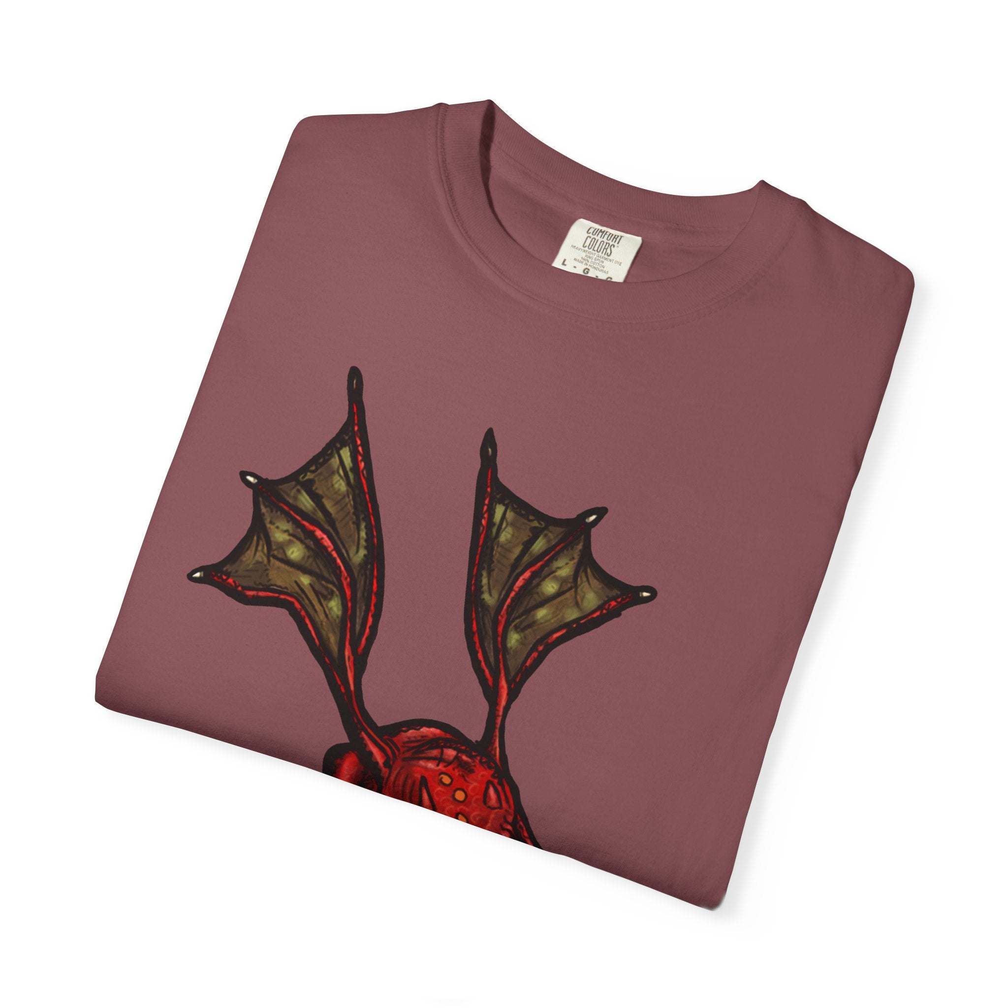 Freaky Features Fire Imp t-shirt, front shows a red bat-winged fire imp, back shows a monster-headed pizza box being raided by little red devils 
