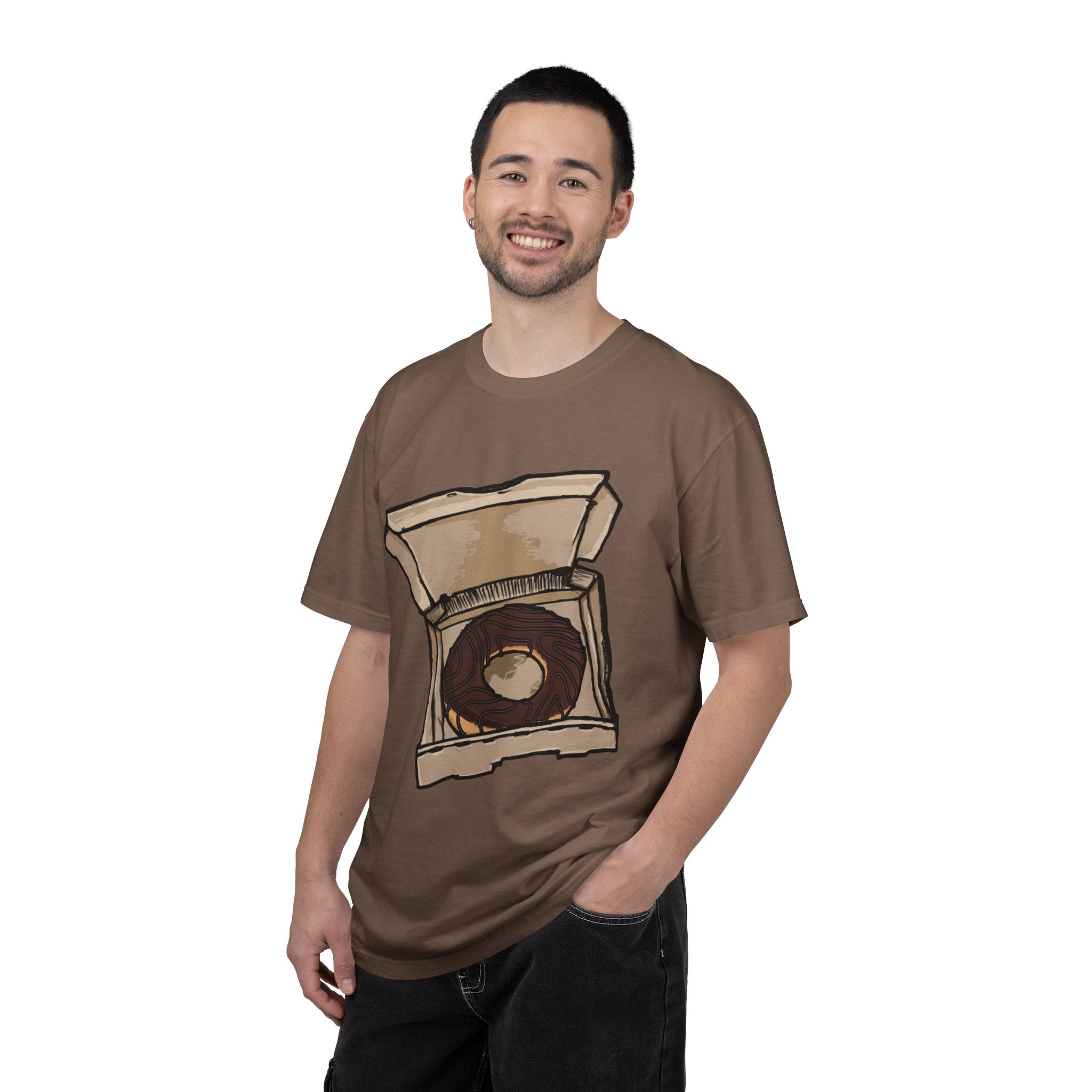 Hand-drawn donut pizza box t-shirt showing open pizza box with chocolate glazed donut from PizzaBytes collection

