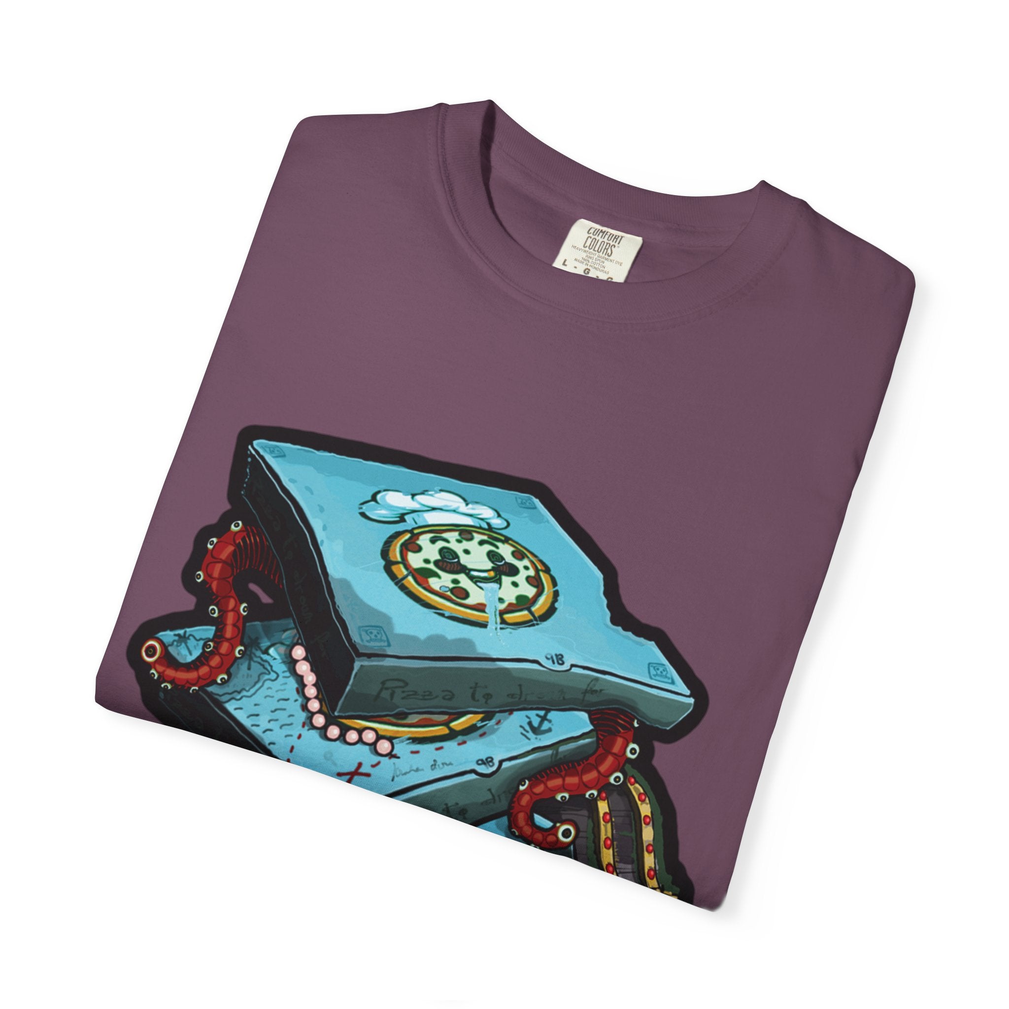 Hand-drawn pizza treasure chest t-shirt with stacked pizza boxes, gold coins, pearls, red octopus tentacles and pirate chest on Comfort Colors tee from PizzaBytes collection
