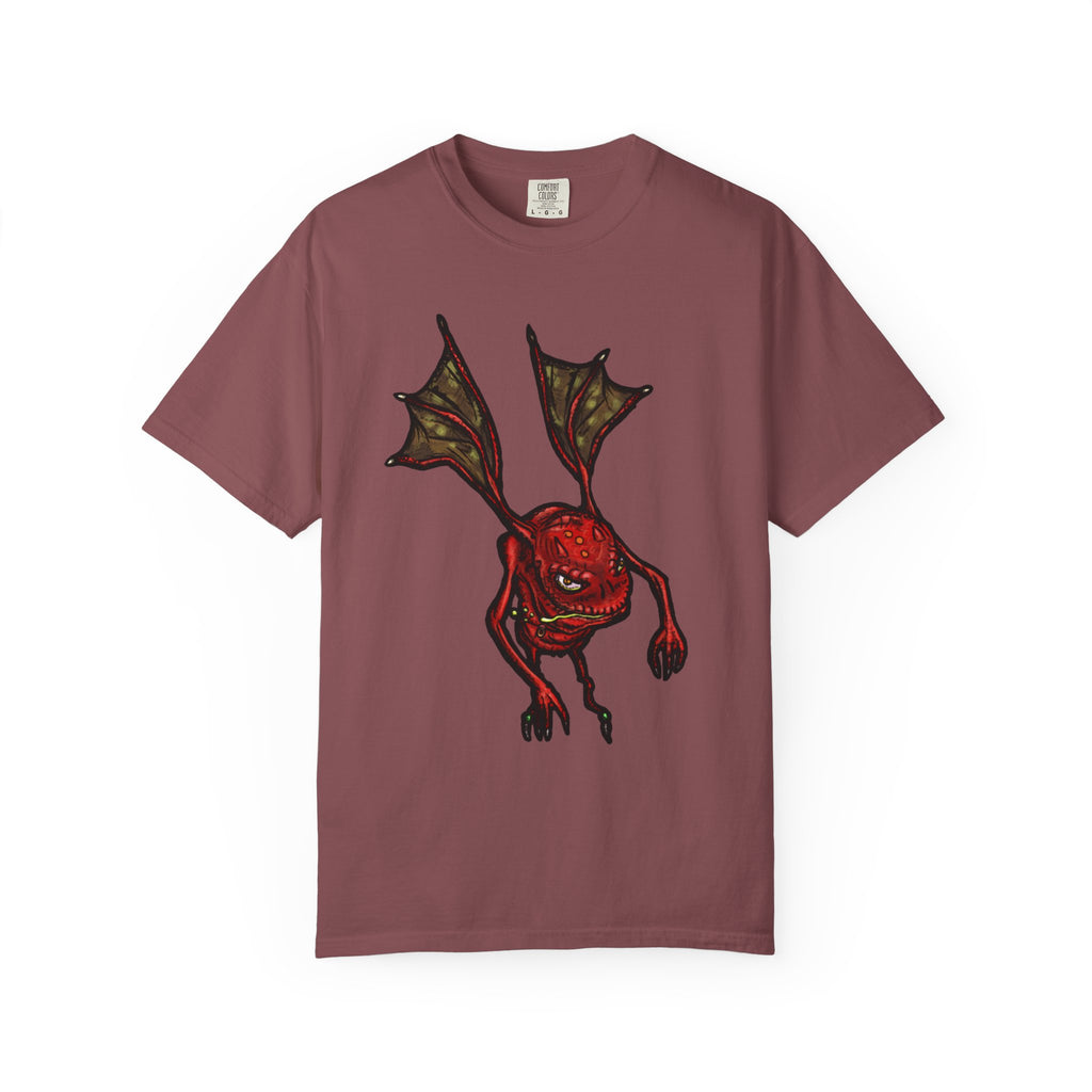 Freaky Features Fire Imp t-shirt, front shows a red bat-winged fire imp, back shows a monster-headed pizza box being raided by little red devils 

