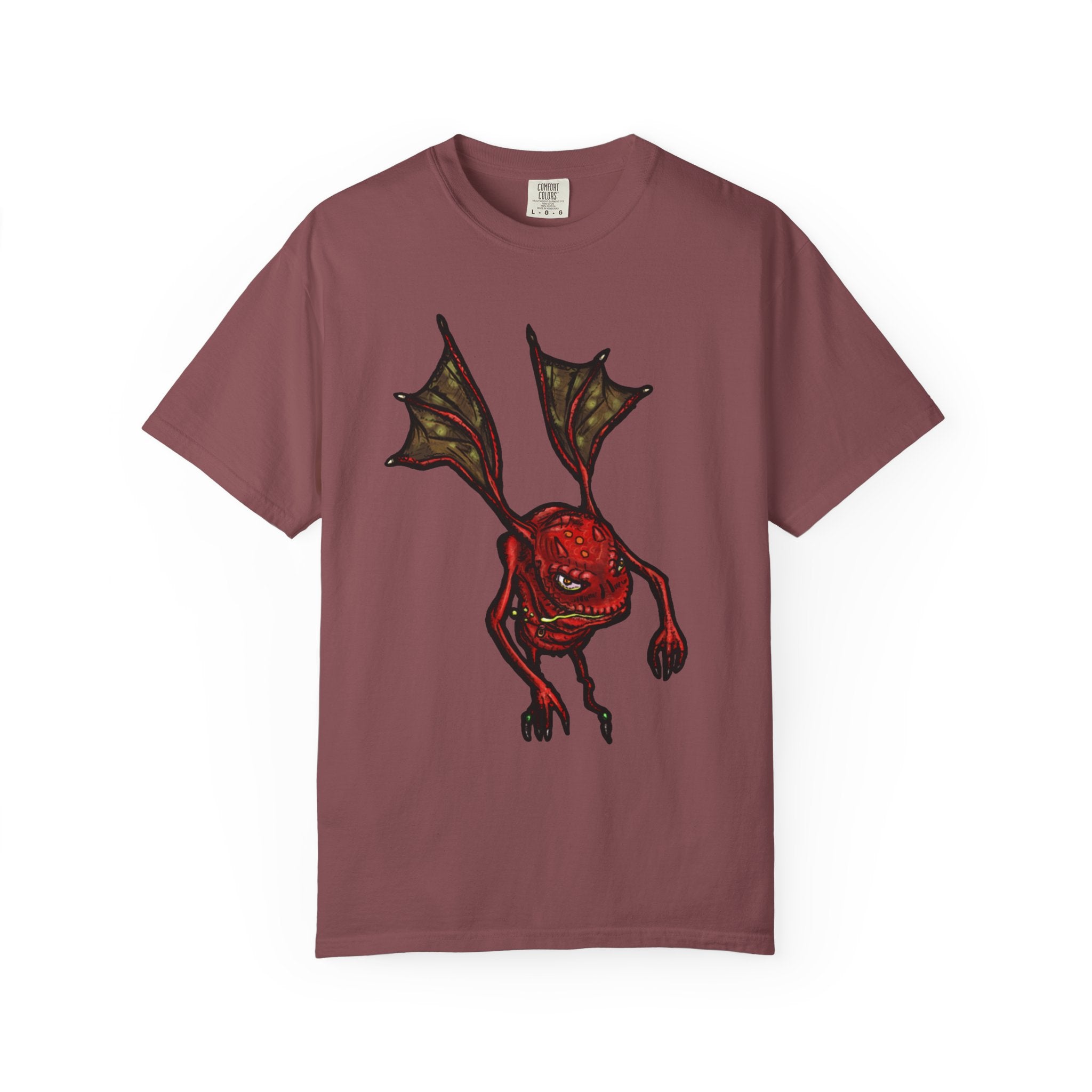 Freaky Features Fire Imp t-shirt, front shows a red bat-winged fire imp, back shows a monster-headed pizza box being raided by little red devils 
