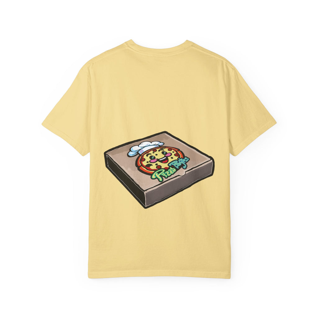 Hand-drawn heart pizza box t-shirt with pink pizza box, heart-shaped pepperoni pizza and floating black hearts on Comfort Color tee from PizzaBytes collection
