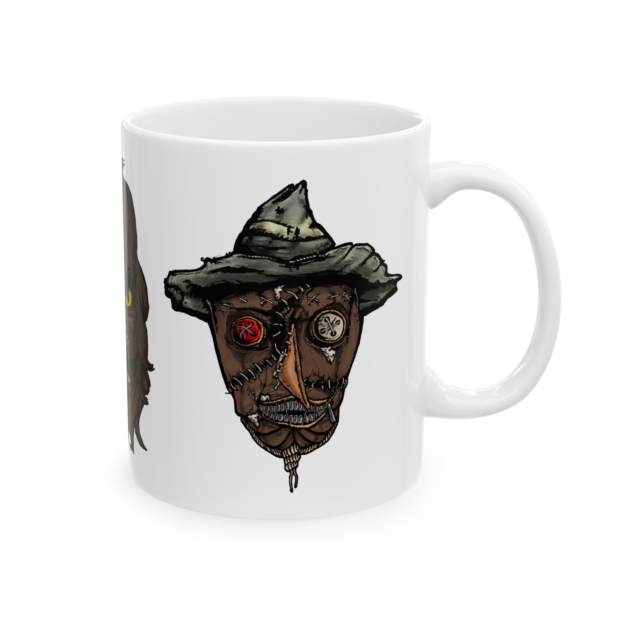 Freaky Features Werewolf Scarecrow PumpkinJack mug showing three monster designs: brown werewolf with yellow eyes, scarecrow with witch hat, and carved pumpkin head on white ceramic mug
