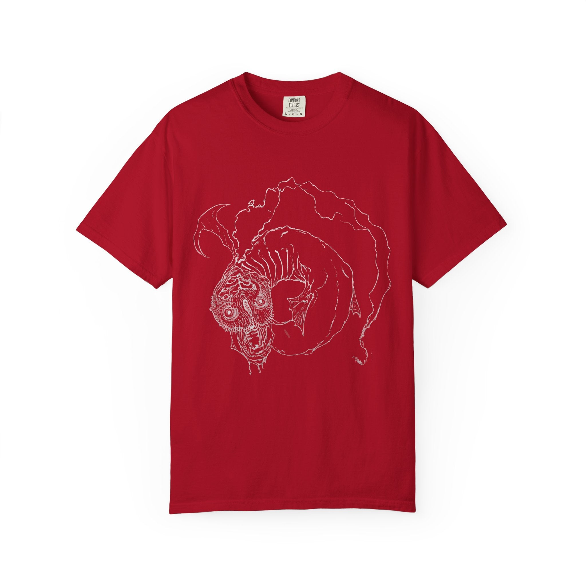 Hand-sketched Fish Monster t-shirt from Serenity Chain collection, eerie deep-sea creature with bulging eyes and flowing fins in white line art on black tee