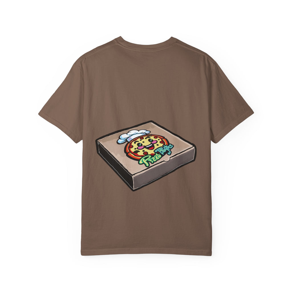 Hand-drawn classic pepperoni pizza box t-shirt showing open pizza box with pepperoni pizza from PizzaBytes collection

