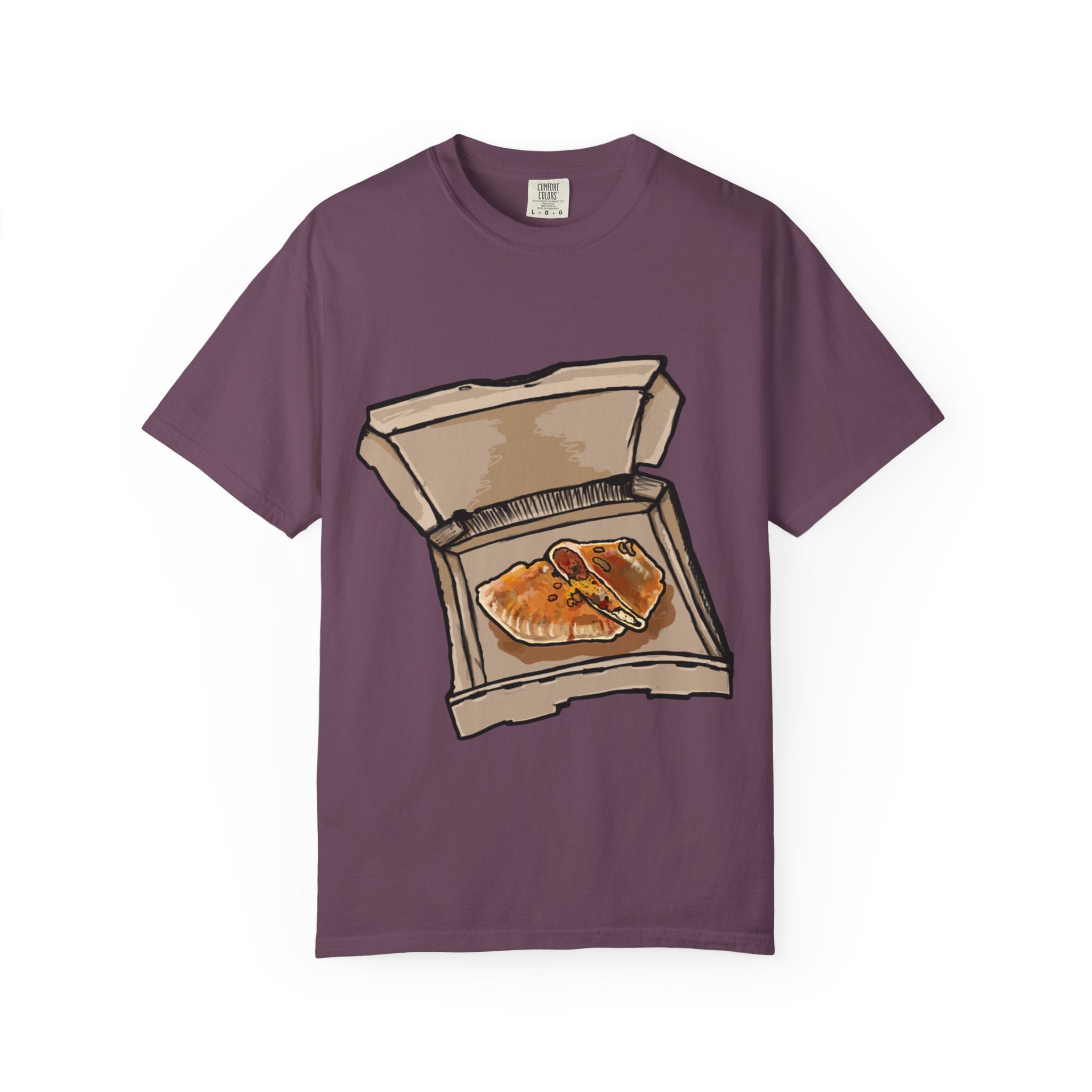Hand-drawn calzone pizza box t-shirt showing open pizza box with two calzones from PizzaBytes collection

