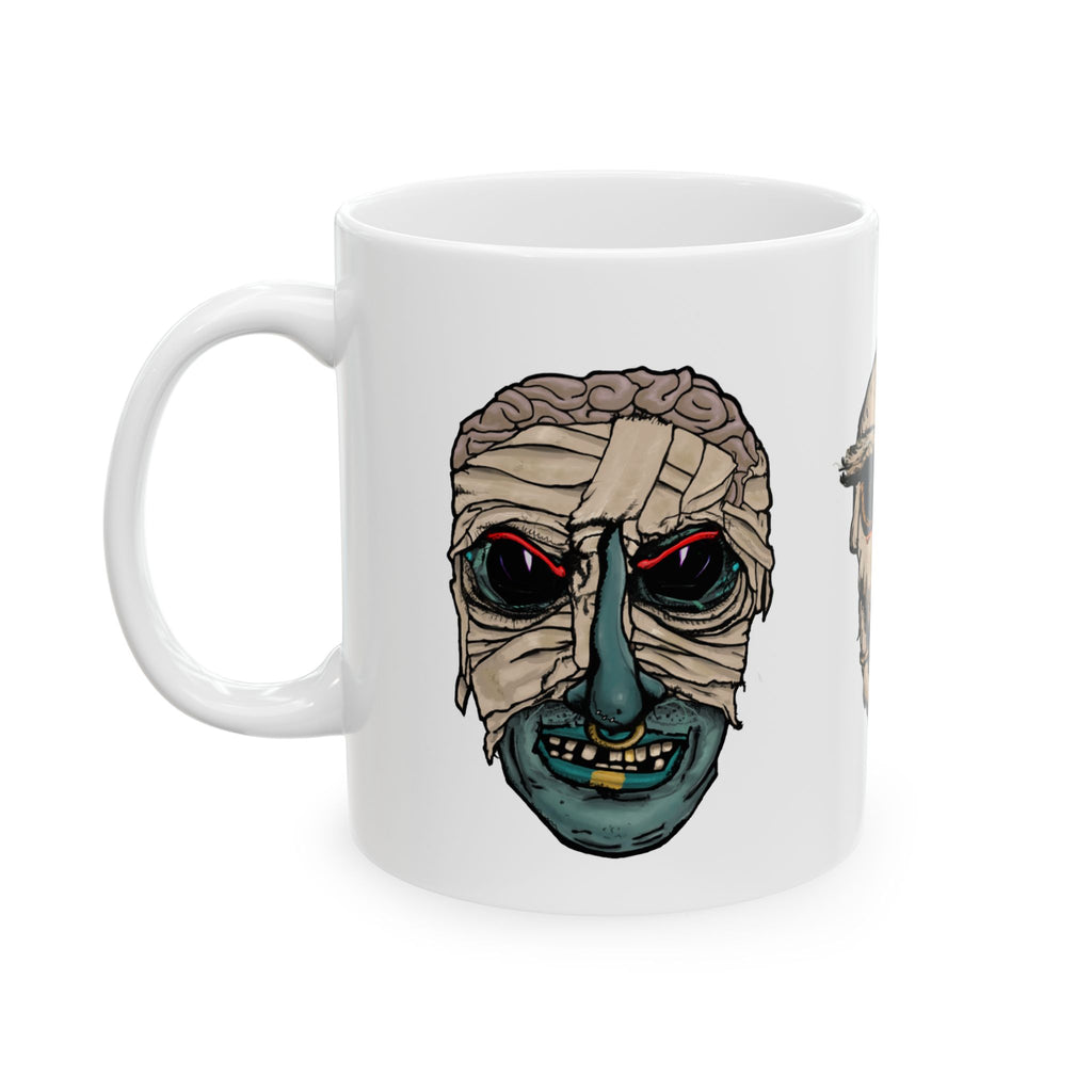 Freaky Features Mummy Chicken Mushroom mug showing three monster designs: bandaged mummy with exposed brain, paranoid rooster with sunglasses, and multi-eyed mushroom skull on white ceramic mug
