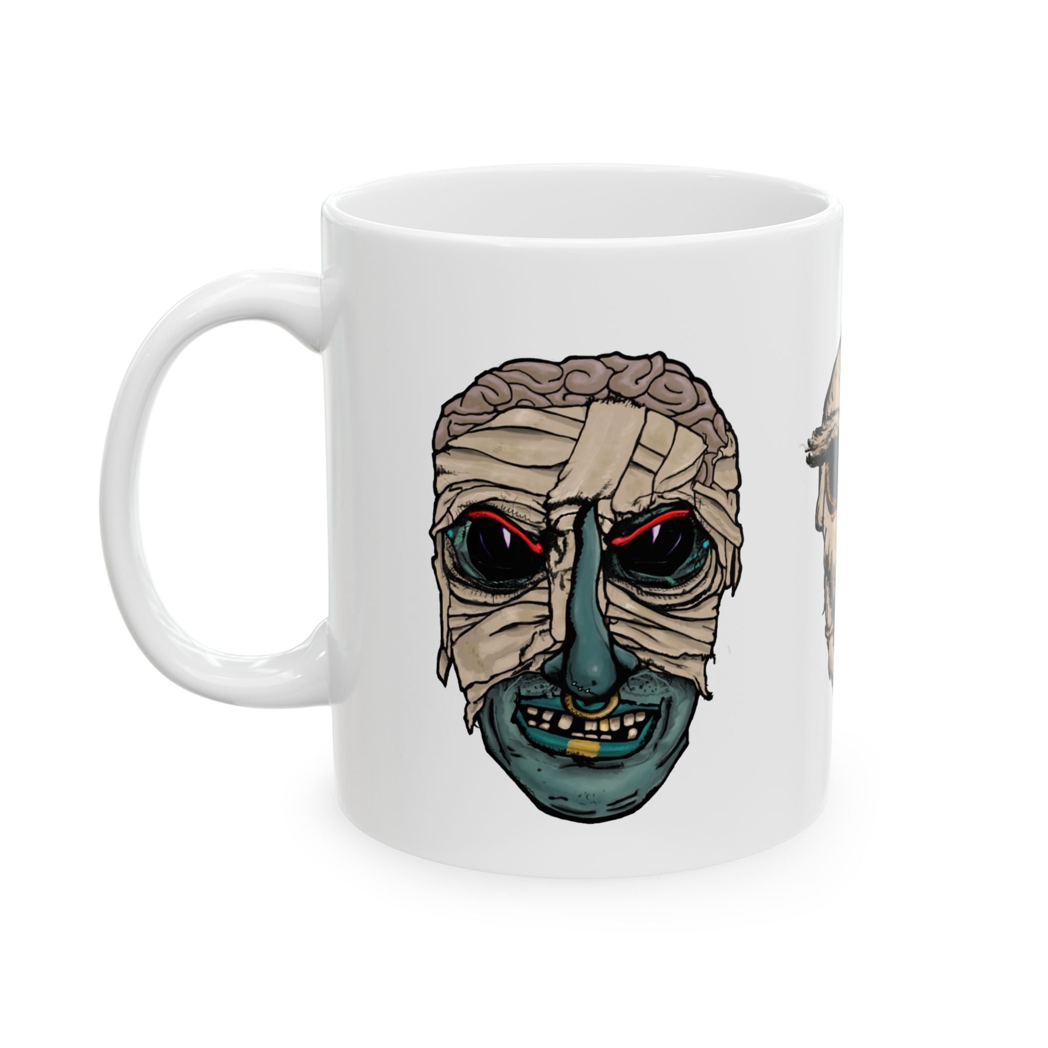 Freaky Features Mummy Chicken Mushroom mug showing three monster designs: bandaged mummy with exposed brain, paranoid rooster with sunglasses, and multi-eyed mushroom skull on white ceramic mug
