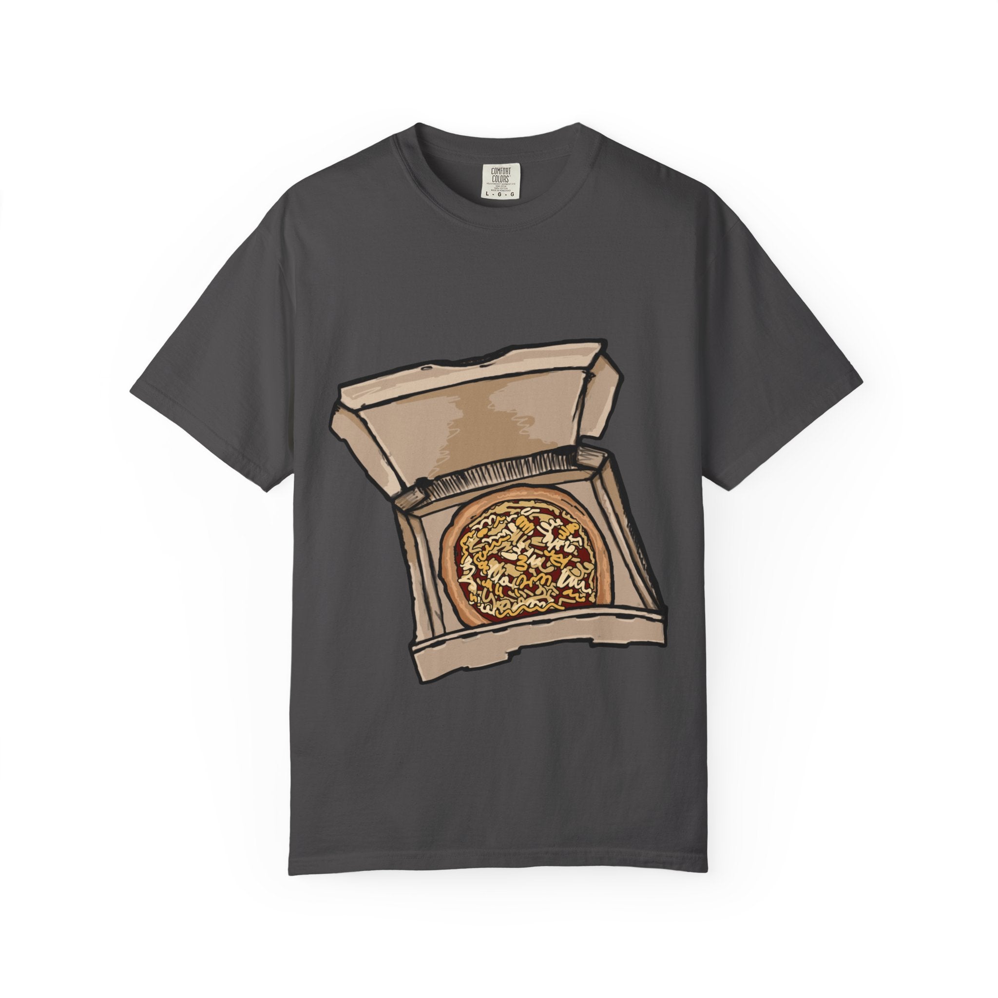 Hand-drawn noodle pizza box t-shirt showing open pizza box with pizza topped with crispy noodles from PizzaBytes collection

