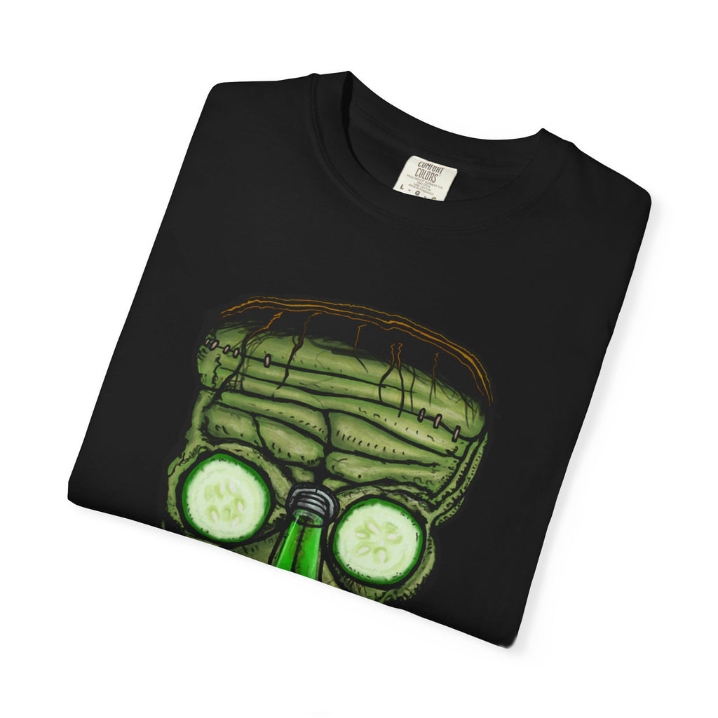 Freaky Features Franky t-shirt, front shows Frankenstein-style monster head with cucumber eyes and poison vial nose, back shows monster-headed pizza box with green pizza frisbee