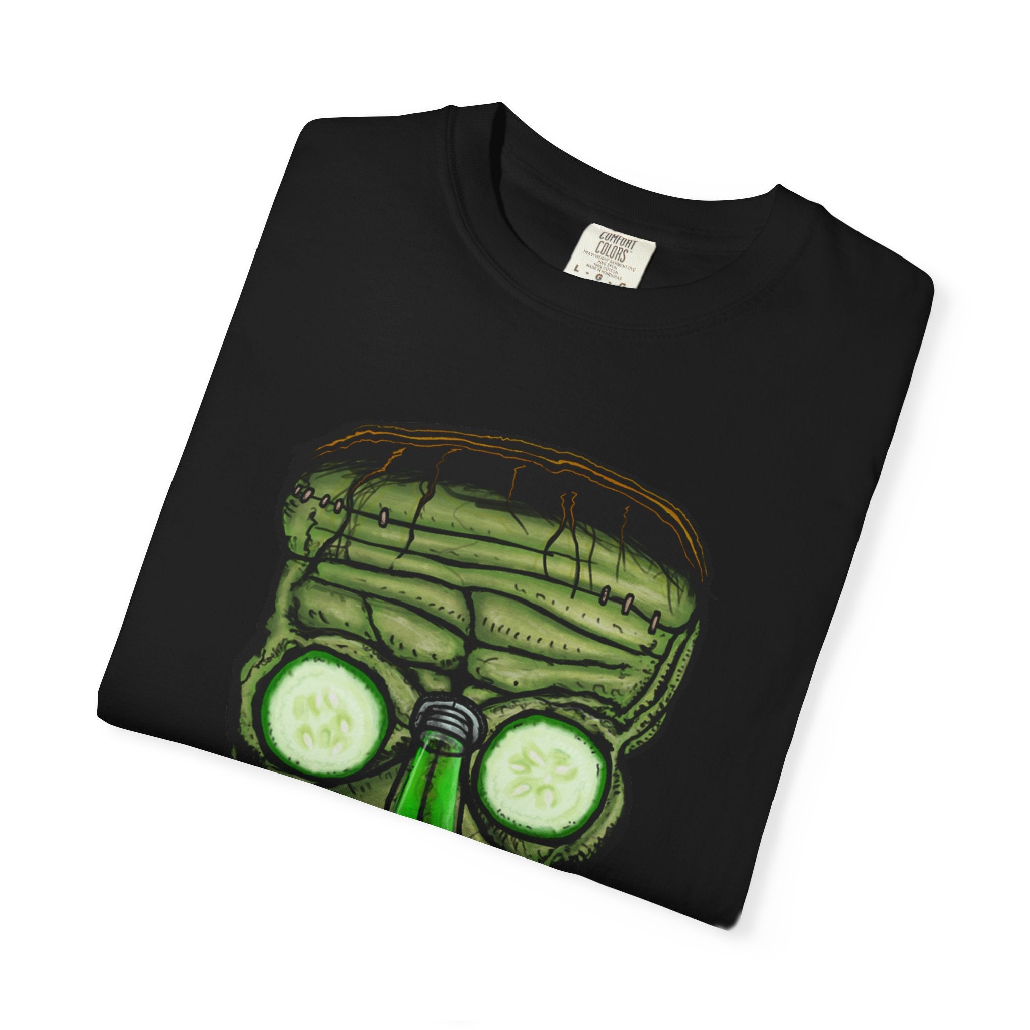 Freaky Features Franky t-shirt, front shows Frankenstein-style monster head with cucumber eyes and poison vial nose, back shows monster-headed pizza box with green pizza frisbee