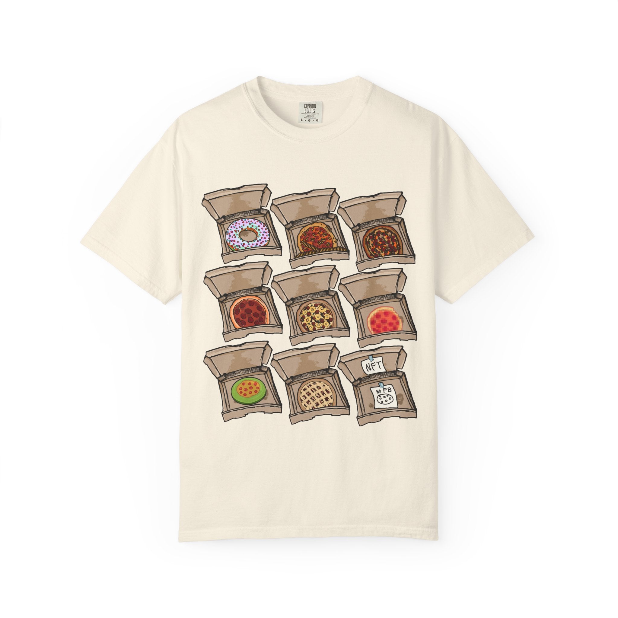 Hand-drawn PizzaBytes Set #3 t-shirt showing a 3x3 grid of open pizza boxes with various weird pizzas including rainbow donut, cherry pie and NFT from PizzaBytes collection

