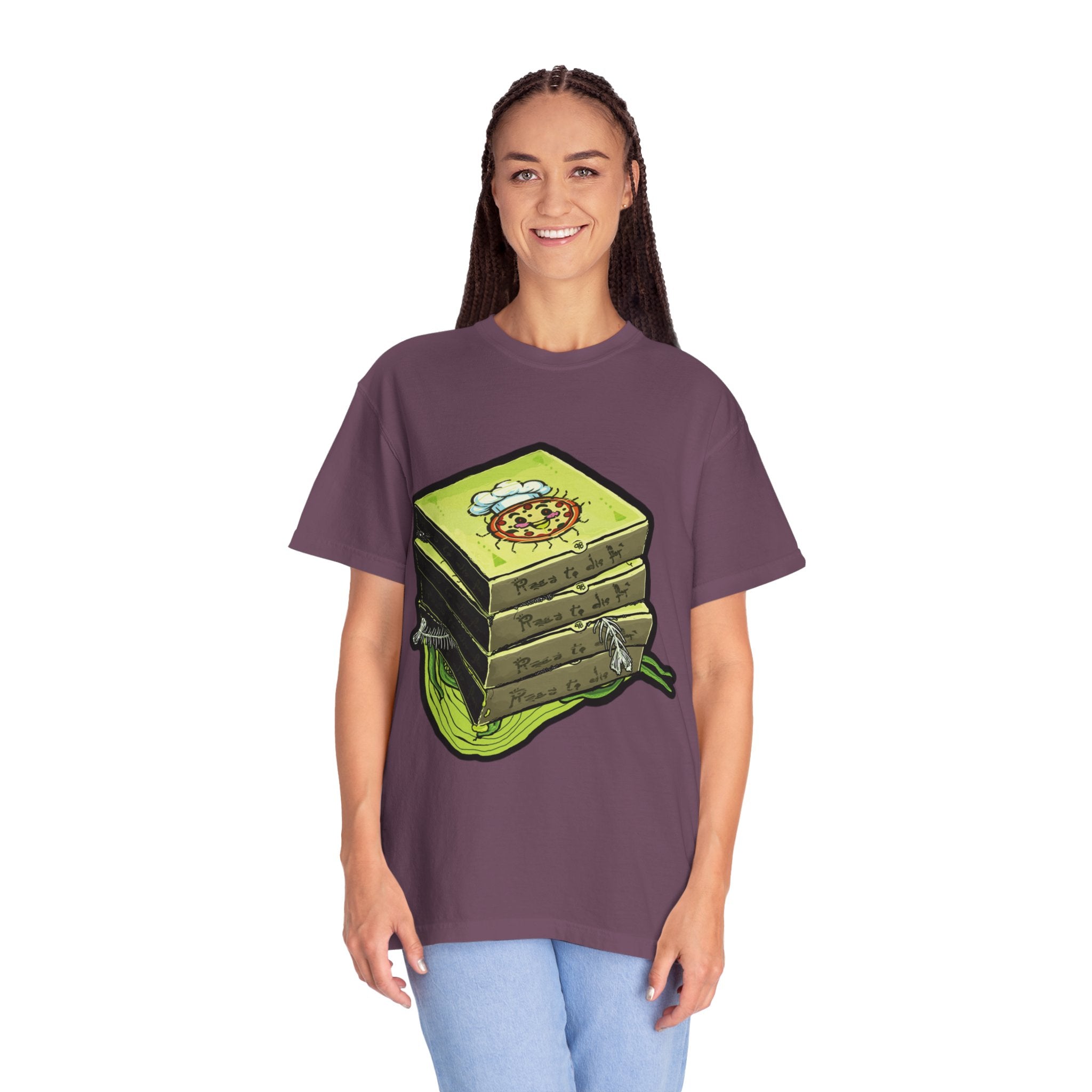 Hand-drawn toxic pizza stack t-shirt with glowing green pizza character and slimy tentacle on tee from PizzaBytes collection