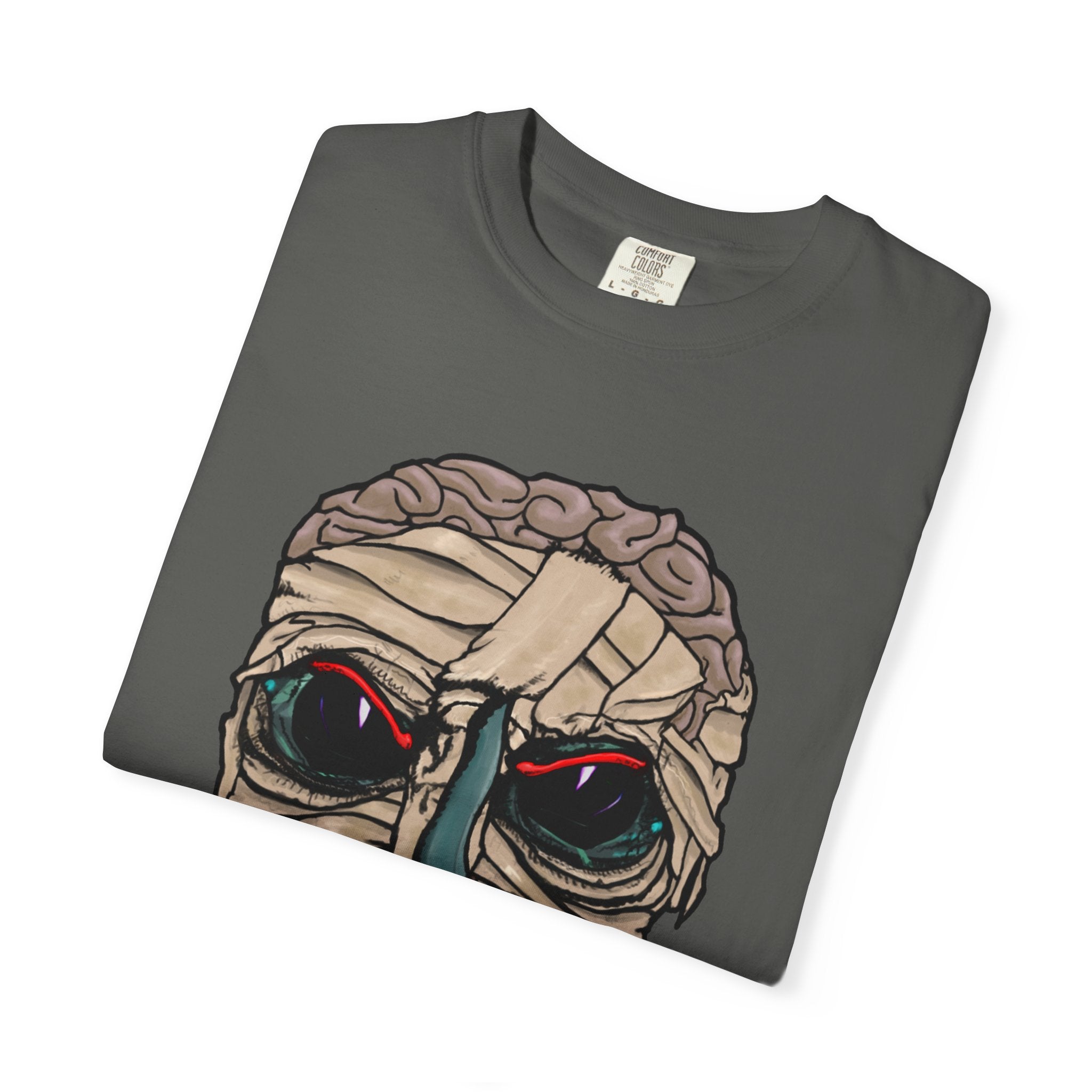 Freaky Features Mummy t-shirt, front shows bandaged mummy head with exposed brain and glowing eyes, back shows open pizza box with brain pizza and worms
