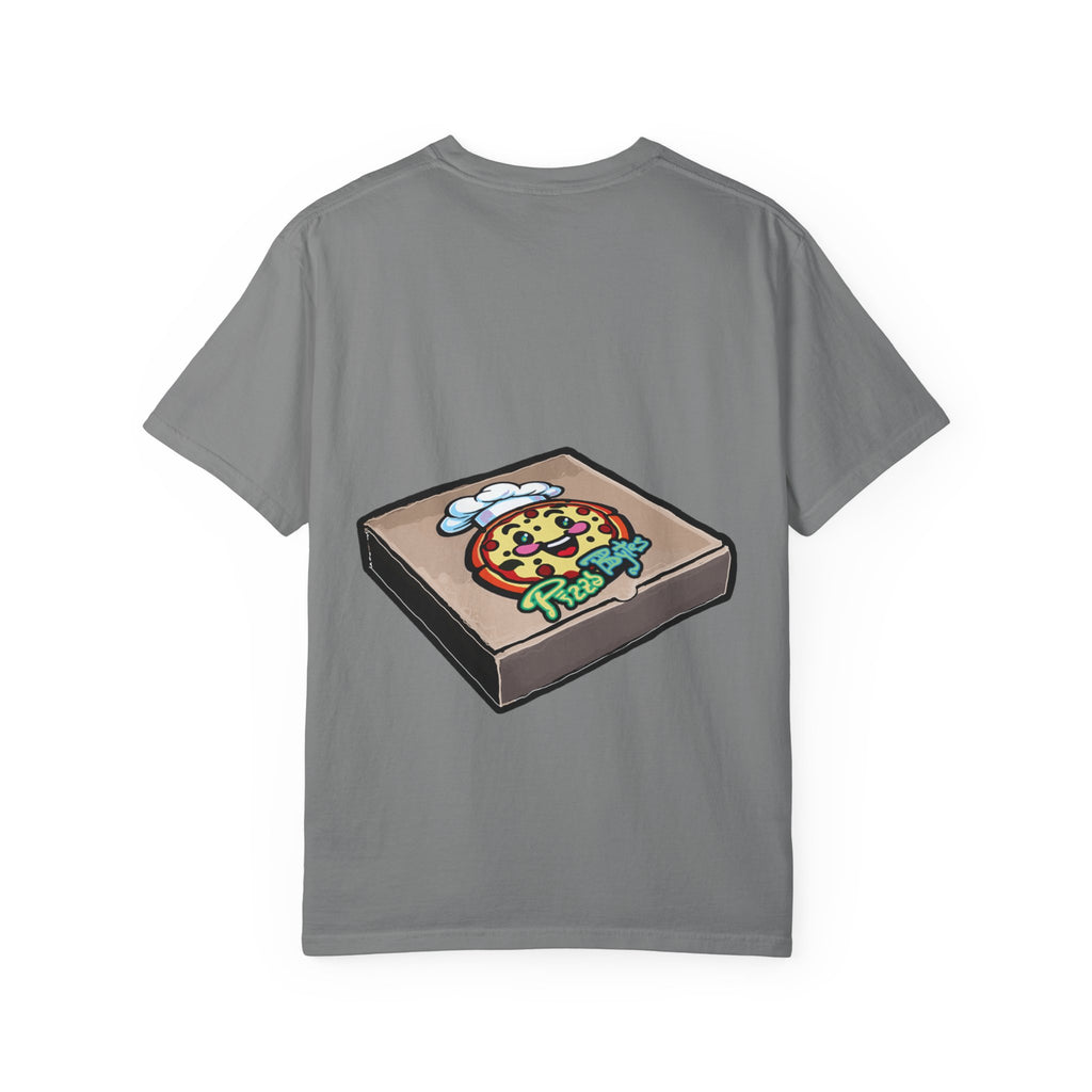 Hand-drawn little devils pizza box t-shirt showing open pizza box with cute red devils eating and stealing pepperoni pizza slices from PizzaBytes collection

