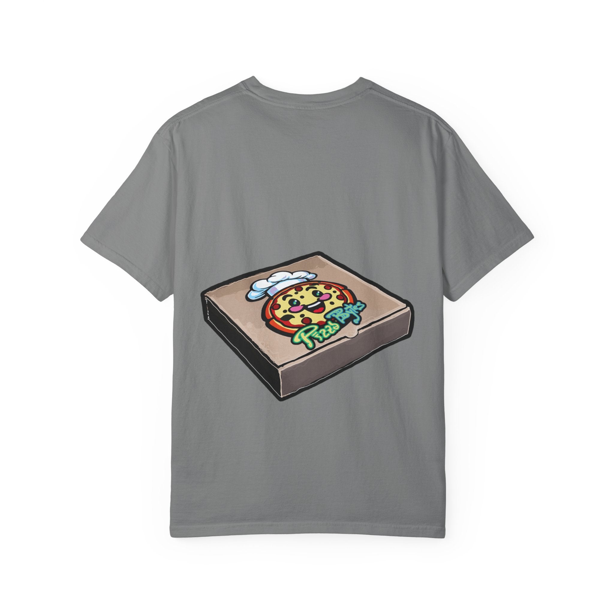 Hand-drawn little devils pizza box t-shirt showing open pizza box with cute red devils eating and stealing pepperoni pizza slices from PizzaBytes collection

