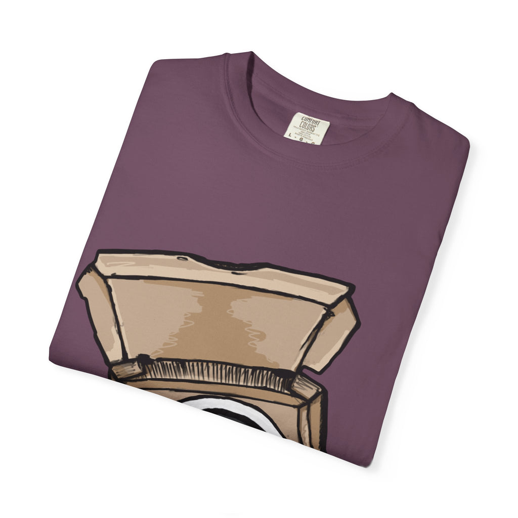 Hand-drawn swirl hypno pizza box t-shirt showing open pizza box with hypnotic spiral pattern from PizzaBytes collection
