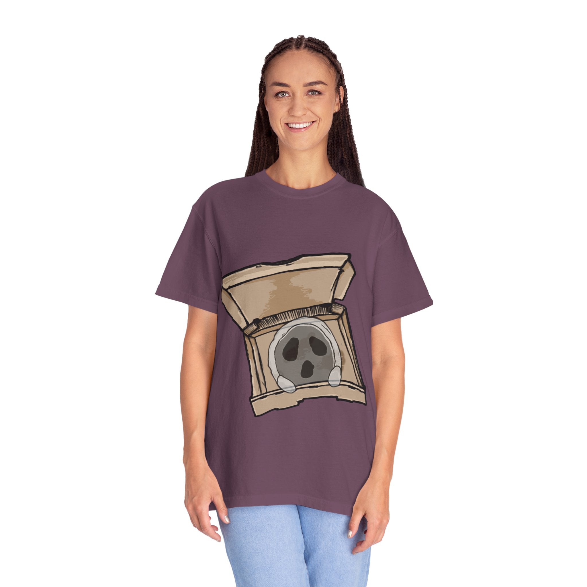 Hand-drawn ghost pizza box t-shirt showing open pizza box with a spooky ghost inside from PizzaBytes collection

