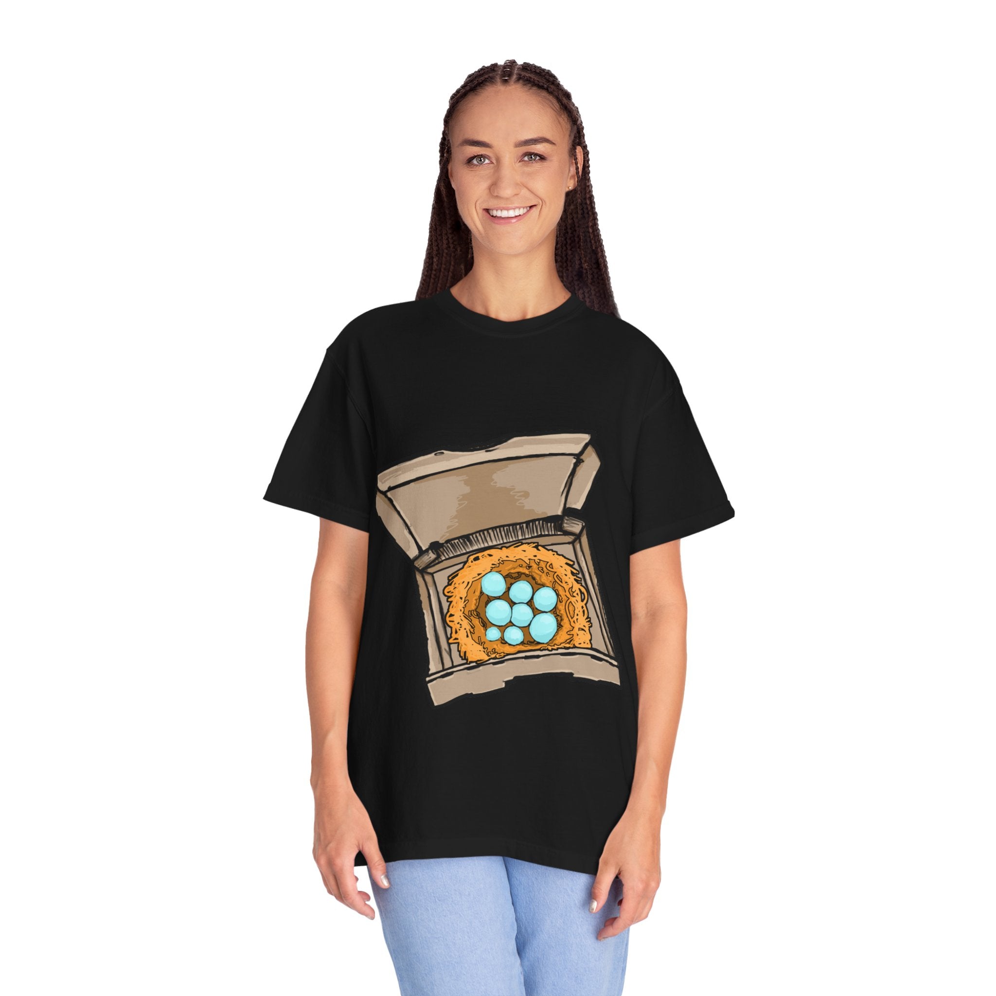 Hand-drawn bird nest pizza box t-shirt showing open pizza box with a straw nest and blue eggs from PizzaBytes collection

