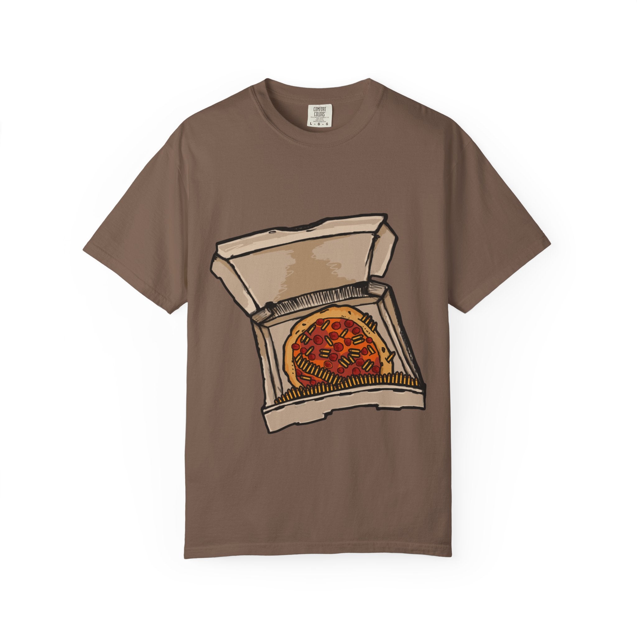 Hand-drawn pepperoni and bullets pizza box t-shirt showing open pizza box with pepperoni pizza surrounded by bullets from PizzaBytes collection


