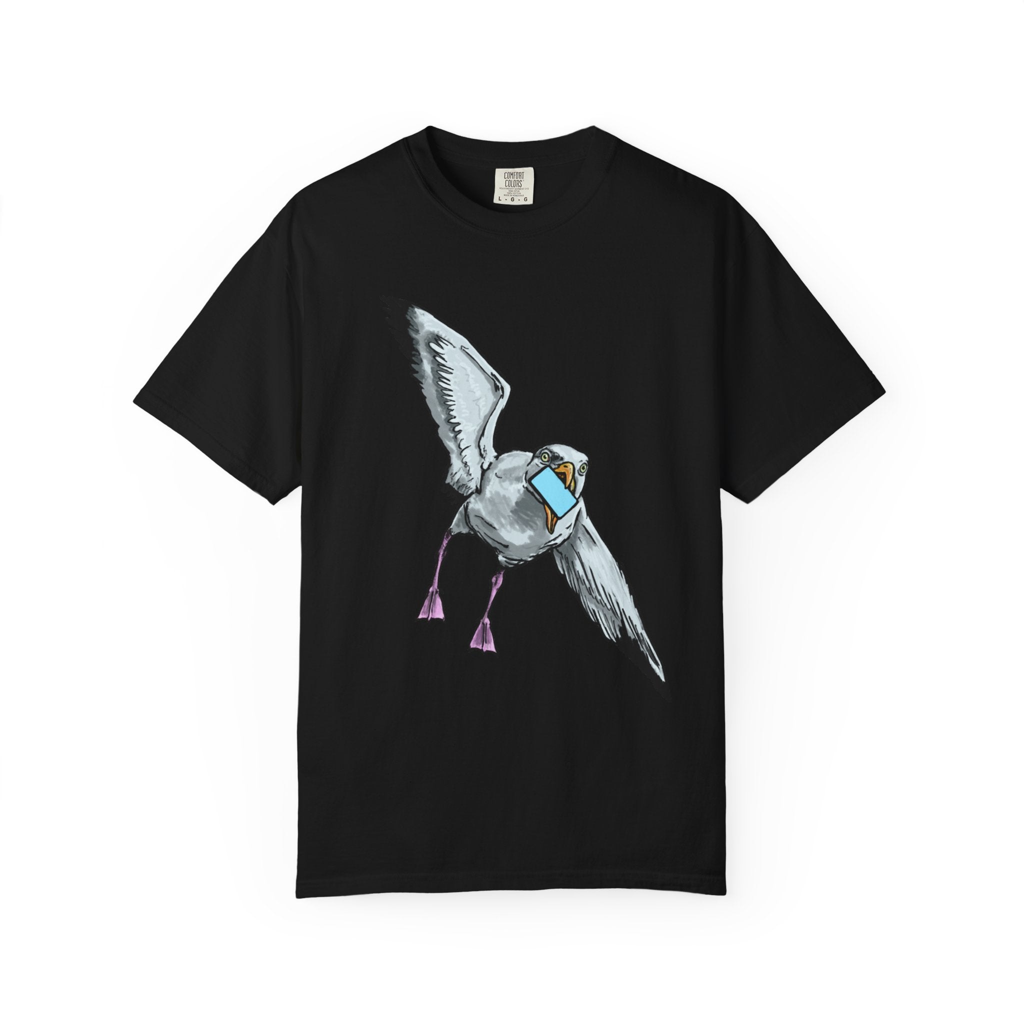 Hand-drawn pizza-stealing seagull monster t-shirt, outstretched wings and purple legs on tee from PizzaBytes collection