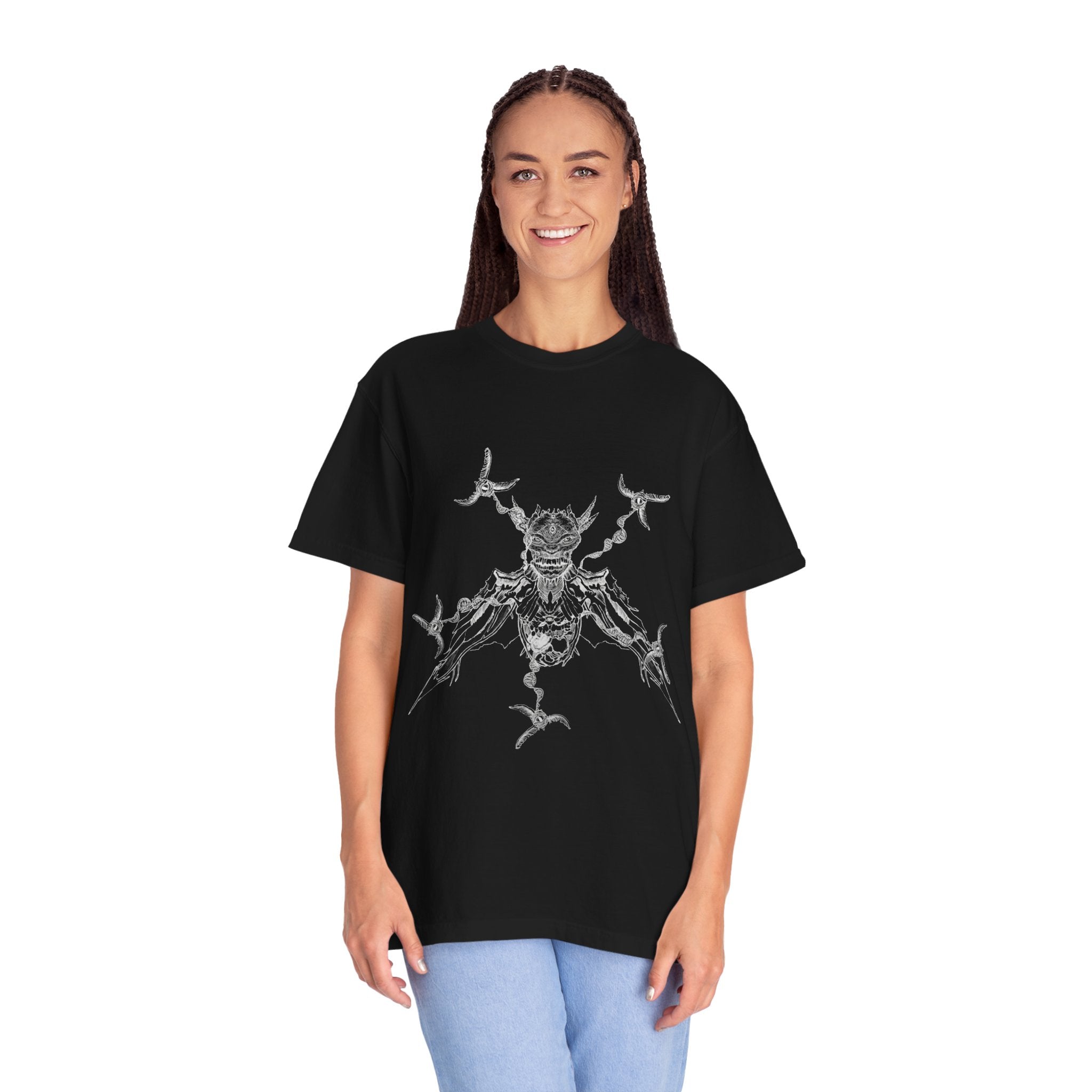 Hand-sketched Reptile Angel t-shirt from Serenity Chain, grotesque winged reptilian creature in raw white line art on black tee

