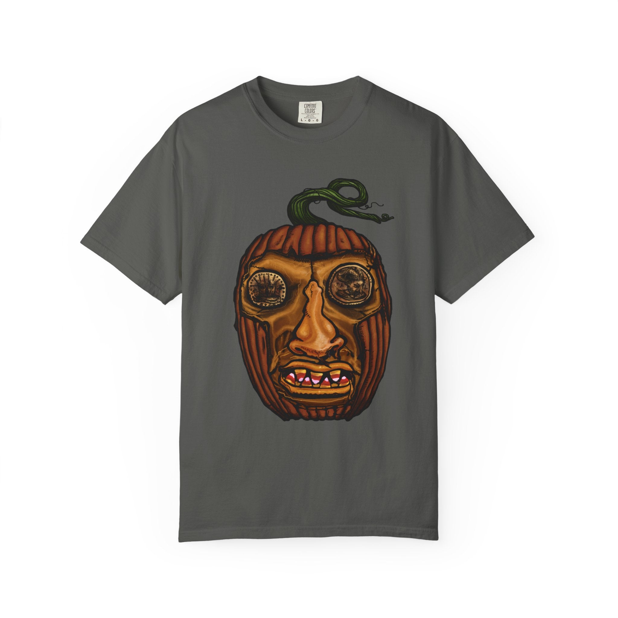 Freaky Features PumpkinJack t-shirt, front shows creepy pumpkin head with vine and candy-corn teeth, back shows open pizza box with two calzones inside