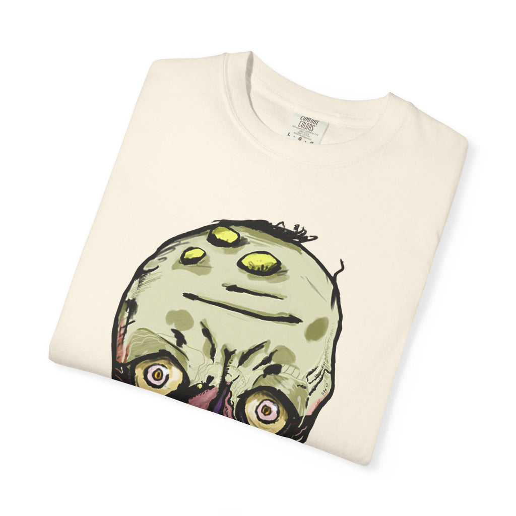Freaky Features Gremlin t-shirt, front shows grotesque gremlin head with yellow hair and long tongue, back shows open pizza box with wrapped gift inside
