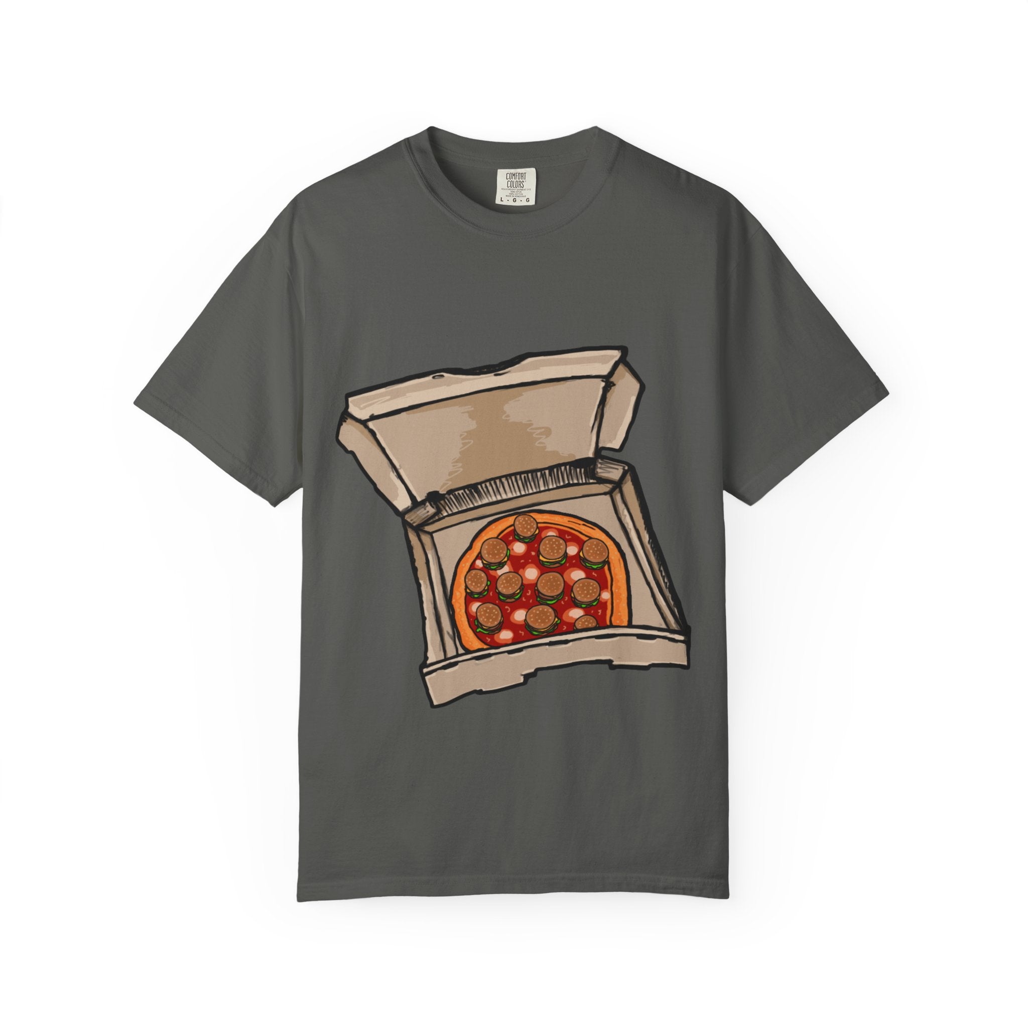 Hand-drawn burger pizza box t-shirt showing open pizza box with pepperoni pizza topped with mini cheeseburgers on Comfort tee from PizzaBytes collection