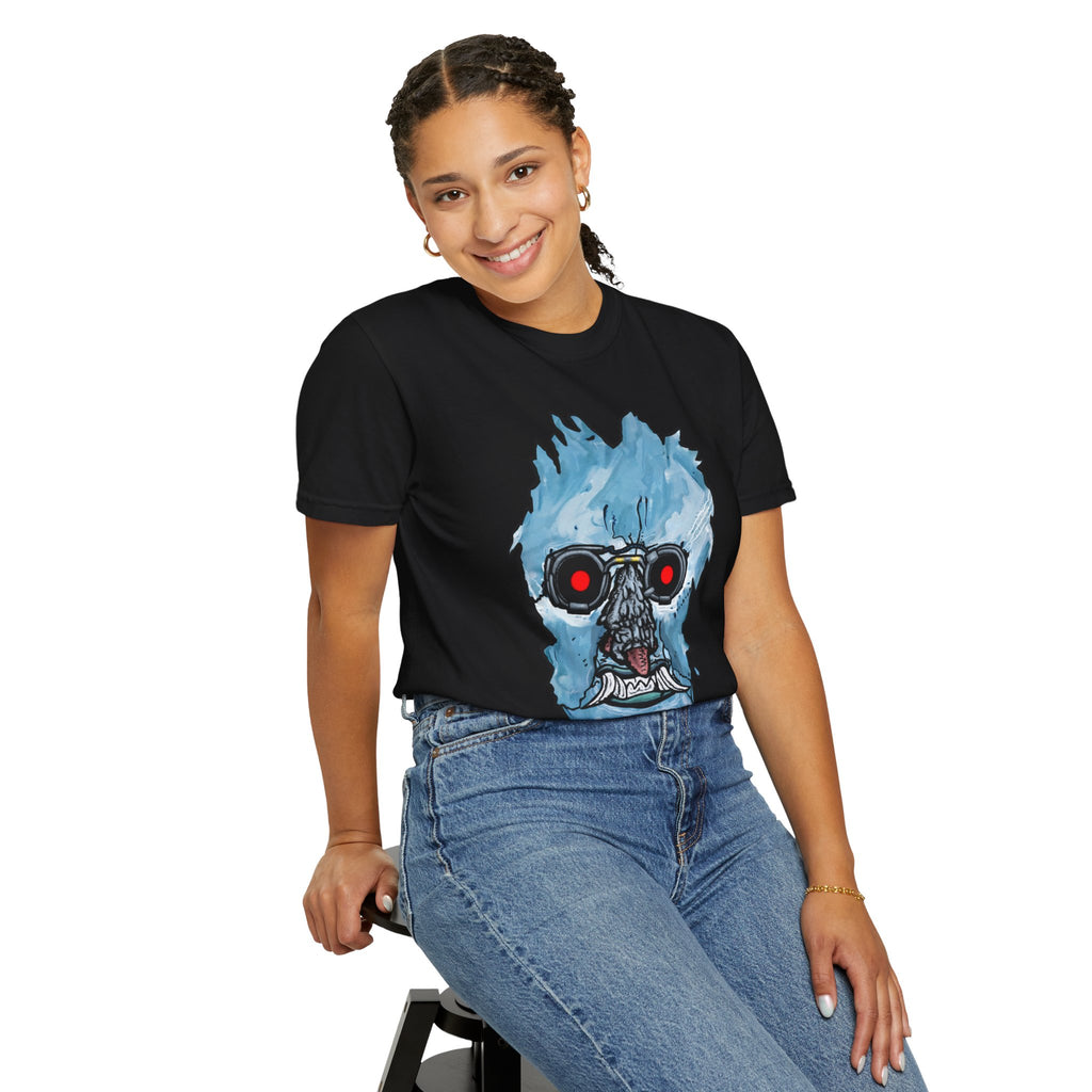 Freaky Features Iceman t-shirt, front shows frozen ice monster head with red goggles and fangs, back shows open pizza box with ice pizza inside
