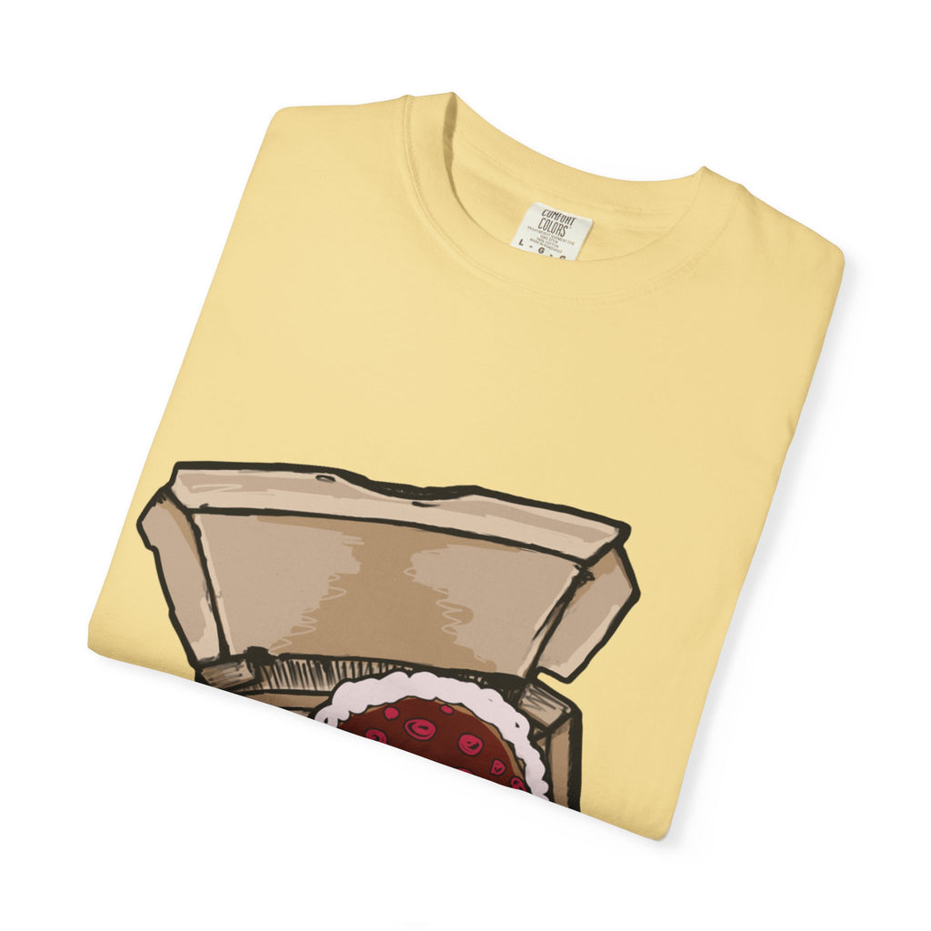 Hand-drawn cake pizza box t-shirt showing open pizza box with melting cake from PizzaBytes collection

