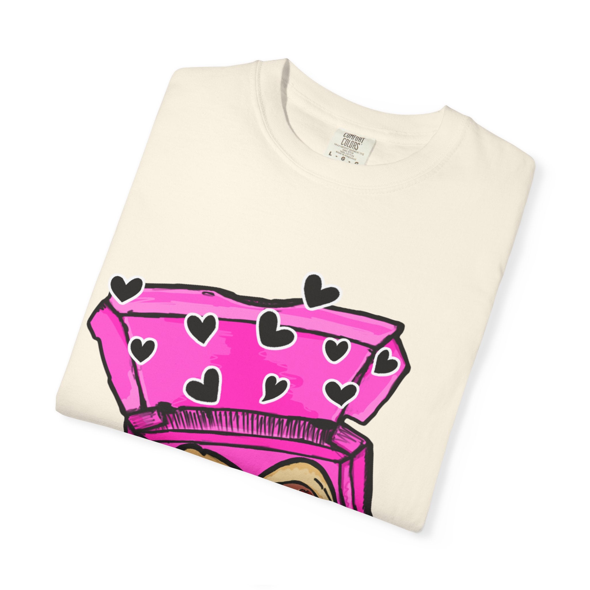 Hand-drawn heart pizza box t-shirt with pink pizza box, heart-shaped pepperoni pizza and floating black hearts on Comfort Color tee from PizzaBytes collection
