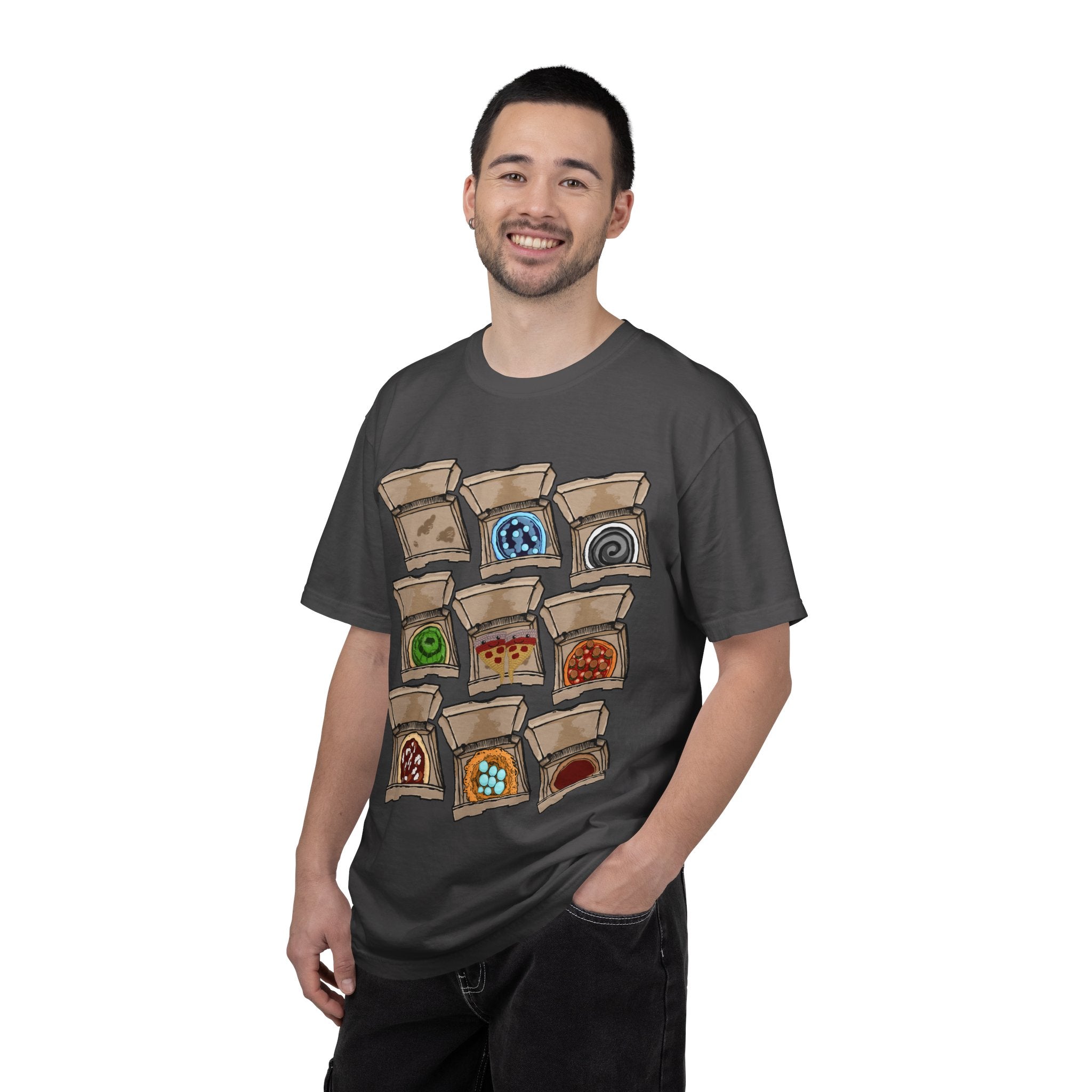 Hand-drawn PizzaBytes Set #2 t-shirt showing a 3x3 grid of open pizza boxes with various weird designs like ice pizza , jelly and bird nest from PizzaBytes collection

