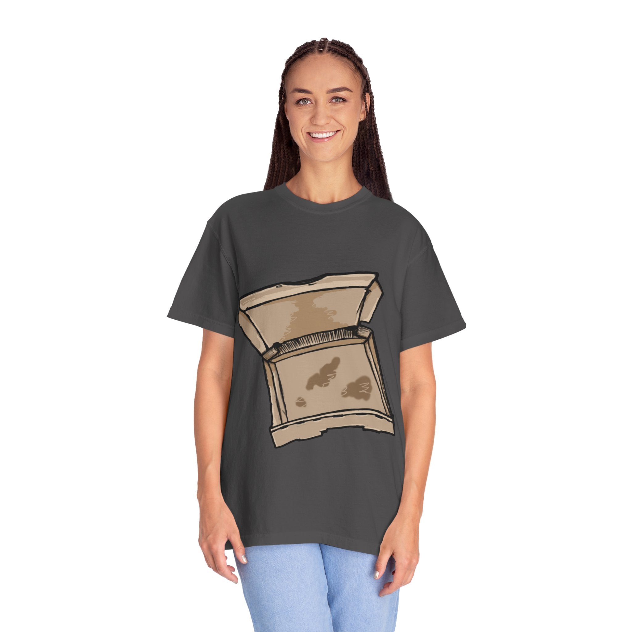 Hand-drawn empty pizza box t-shirt showing open box with grease stains on Comfort tee from PizzaBytes collection
