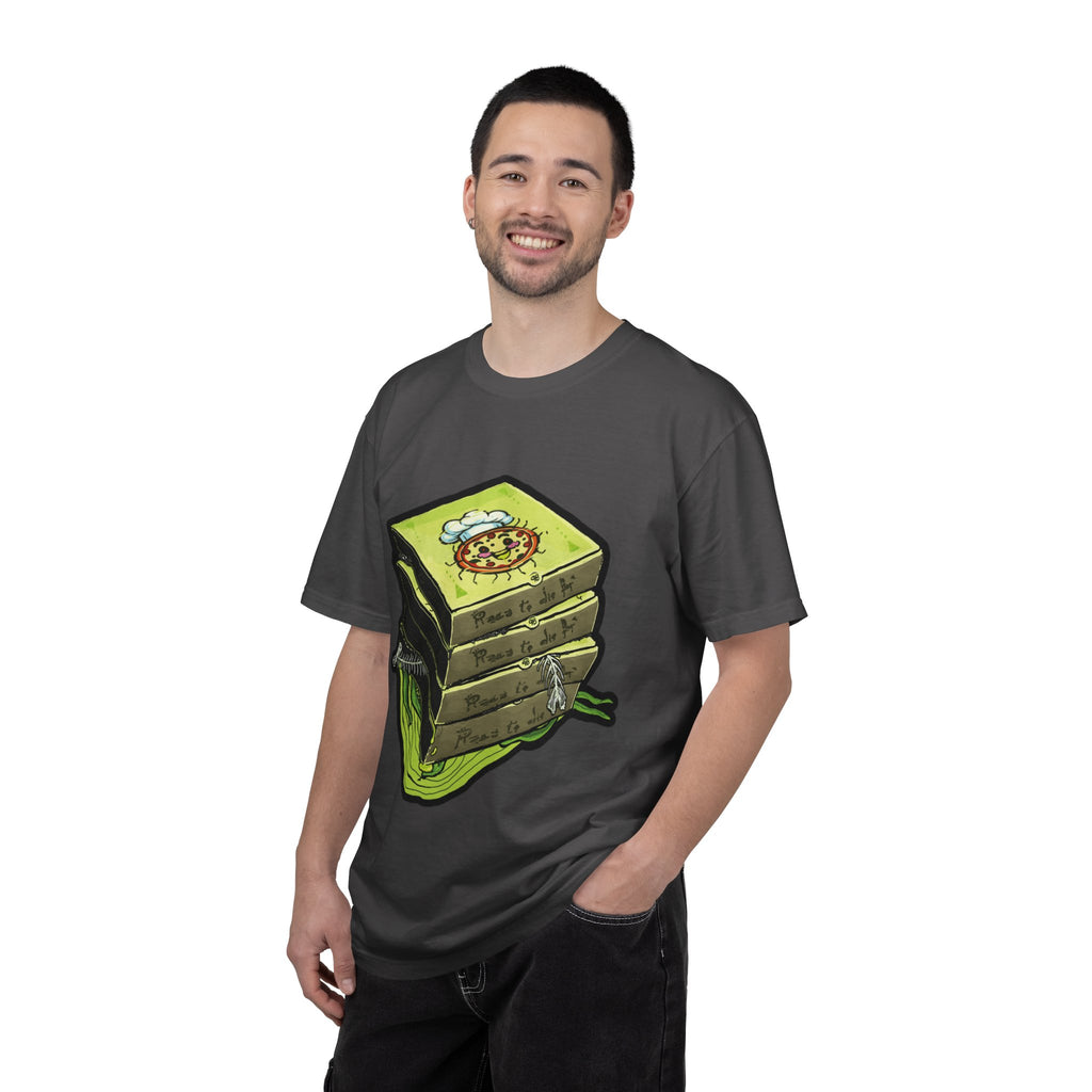 Hand-drawn toxic pizza stack t-shirt with glowing green pizza character and slimy tentacle on tee from PizzaBytes collection