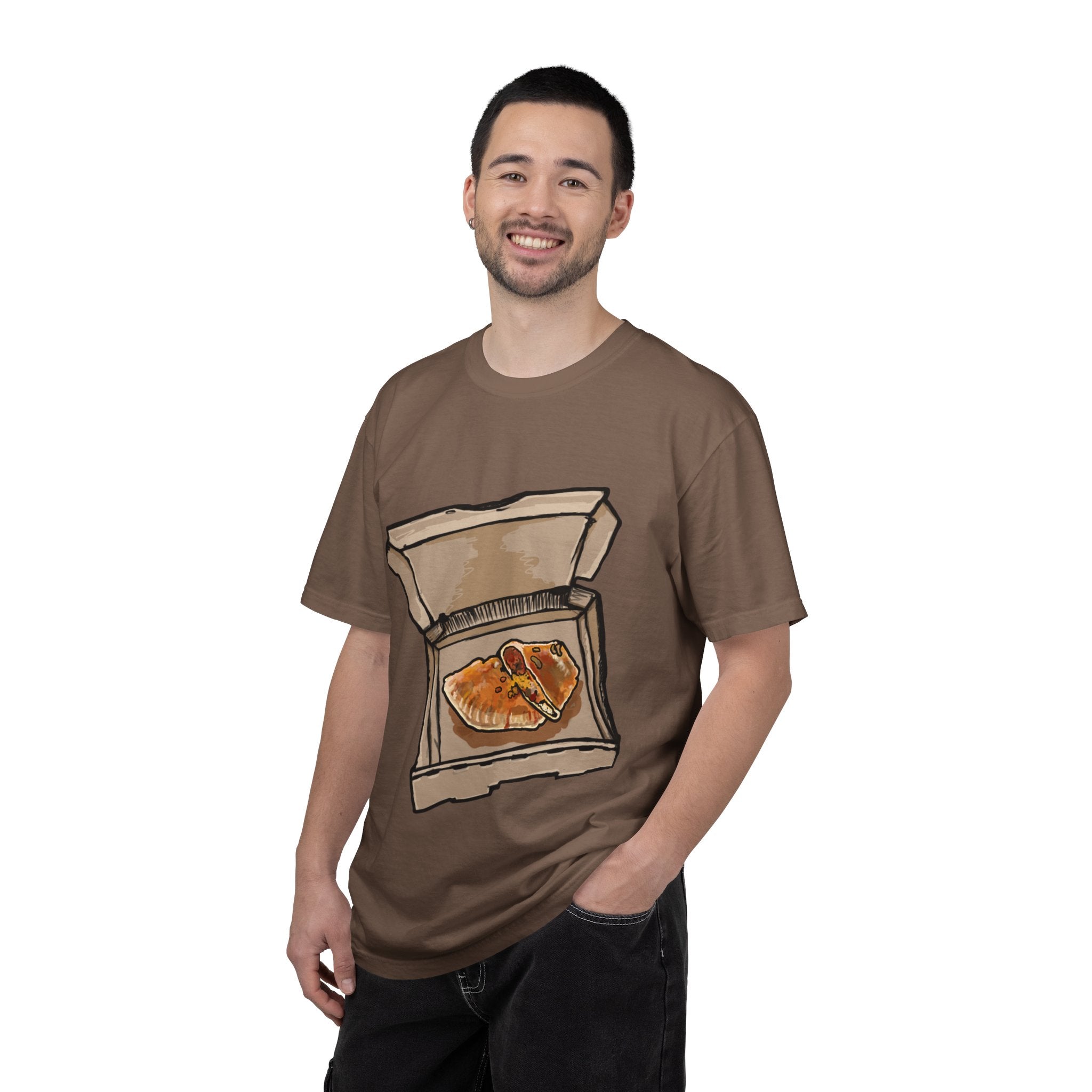 Hand-drawn calzone pizza box t-shirt showing open pizza box with two calzones from PizzaBytes collection

