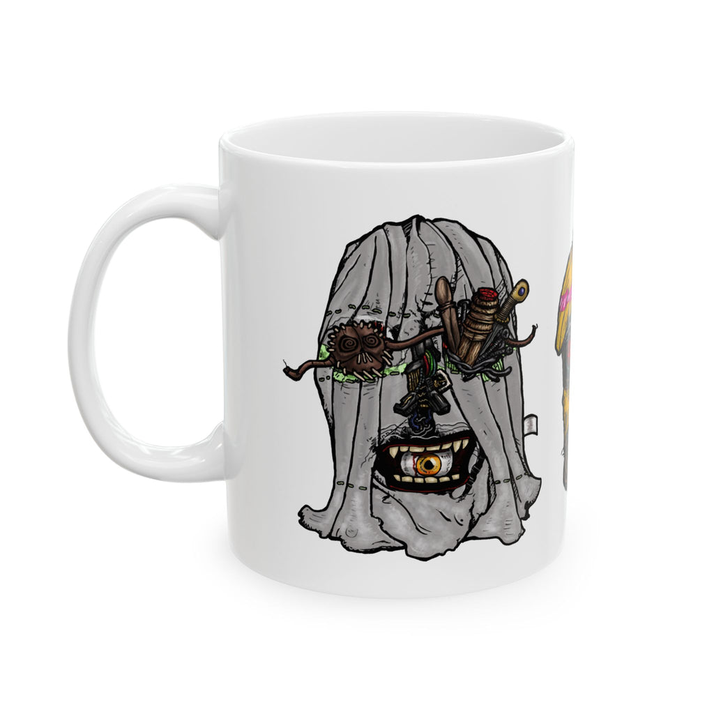 Freaky Features Ghost HorrorBird Flaming Skull mug showing three monster designs: creepy ghost with weapons, horror rooster, and flaming skull with chili nose on white ceramic mug