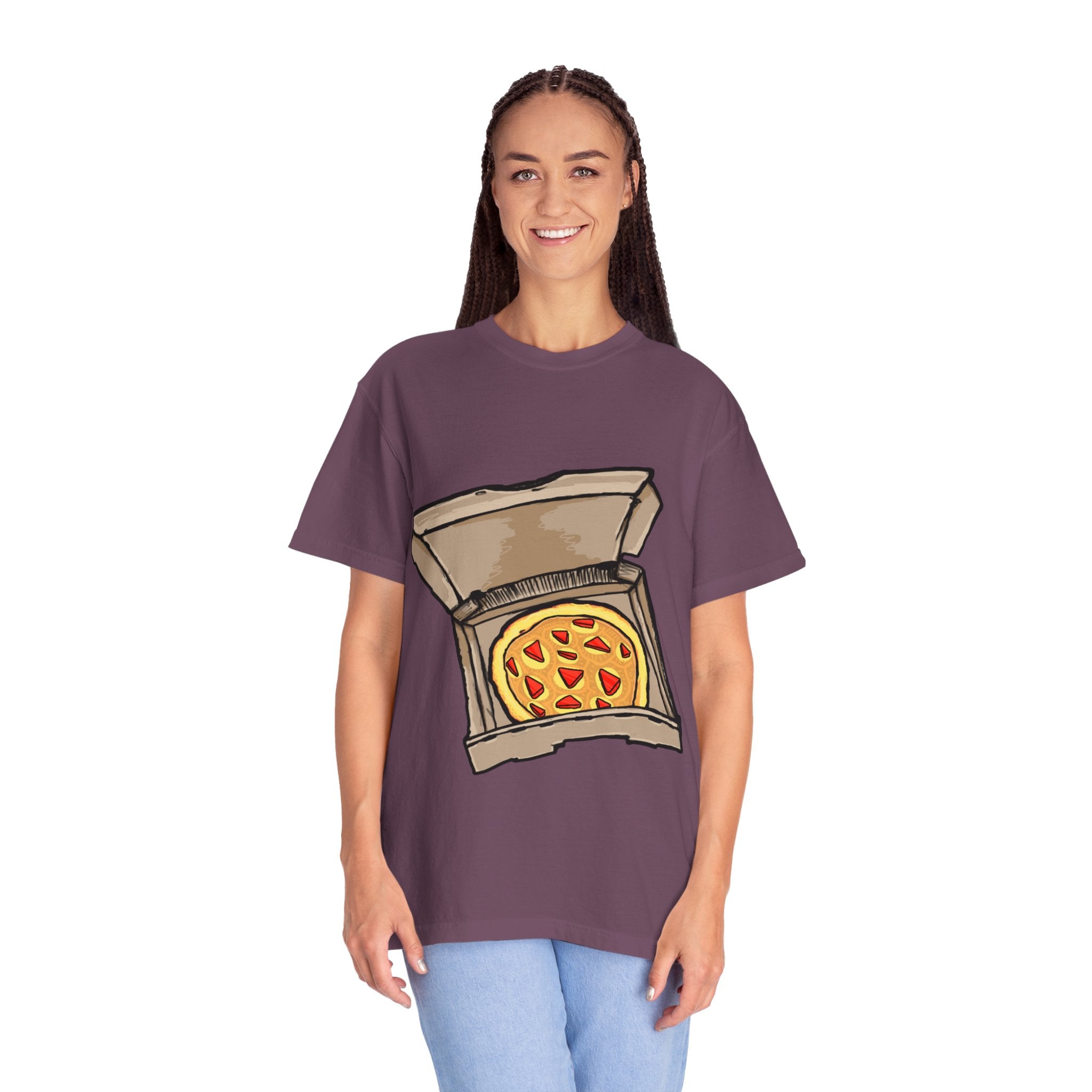 Hand-drawn gold pizza box t-shirt showing open pizza box with gold pizza and red diamond toppings from PizzaBytes collection

