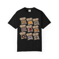 Hand-drawn PizzaBytes Set #1 t-shirt showing a 3x3 grid of open pizza boxes with brain pizza, ghost pizza, donut, binary code and more weird designs from PizzaBytes collection

