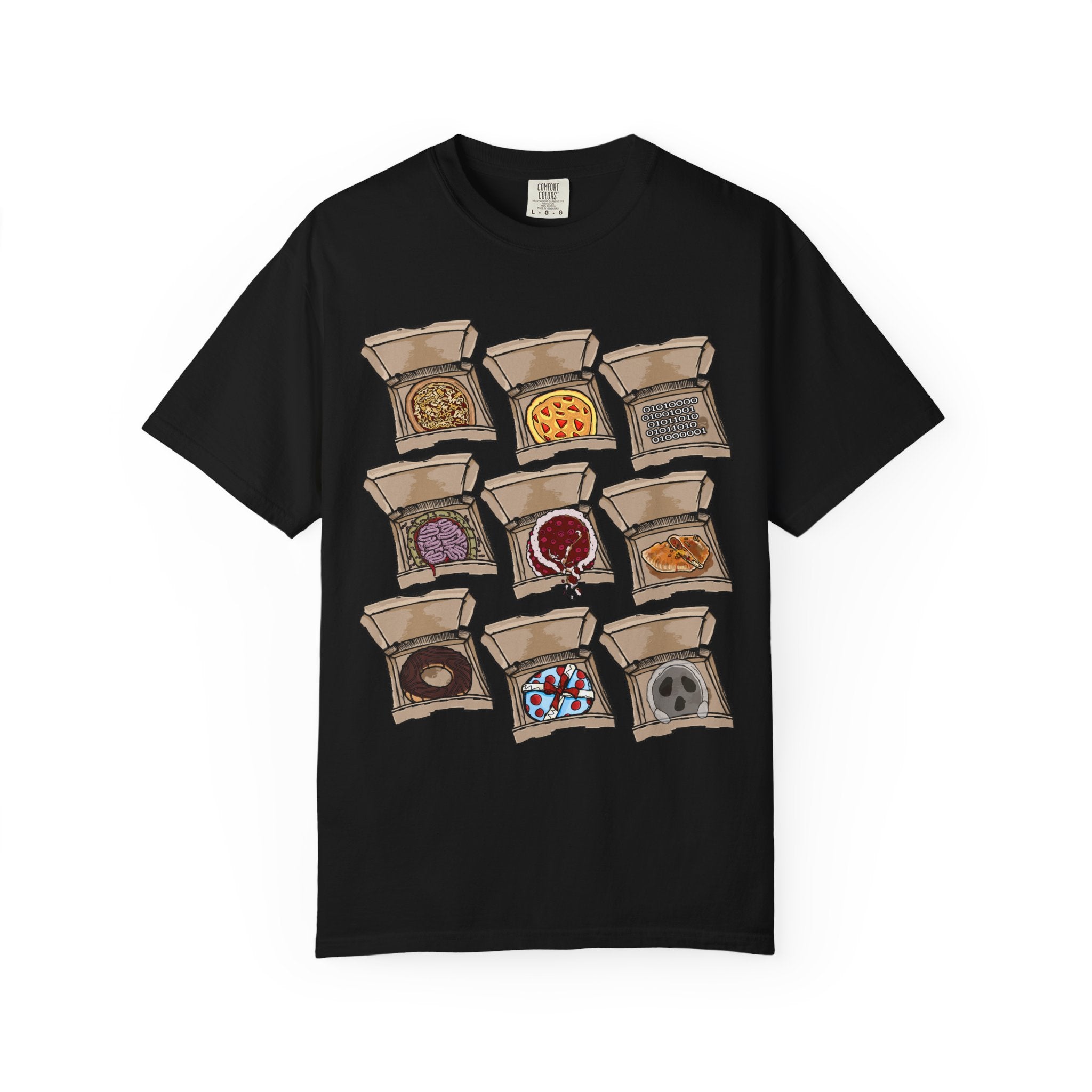 Hand-drawn PizzaBytes Set #1 t-shirt showing a 3x3 grid of open pizza boxes with brain pizza, ghost pizza, donut, binary code and more weird designs from PizzaBytes collection

