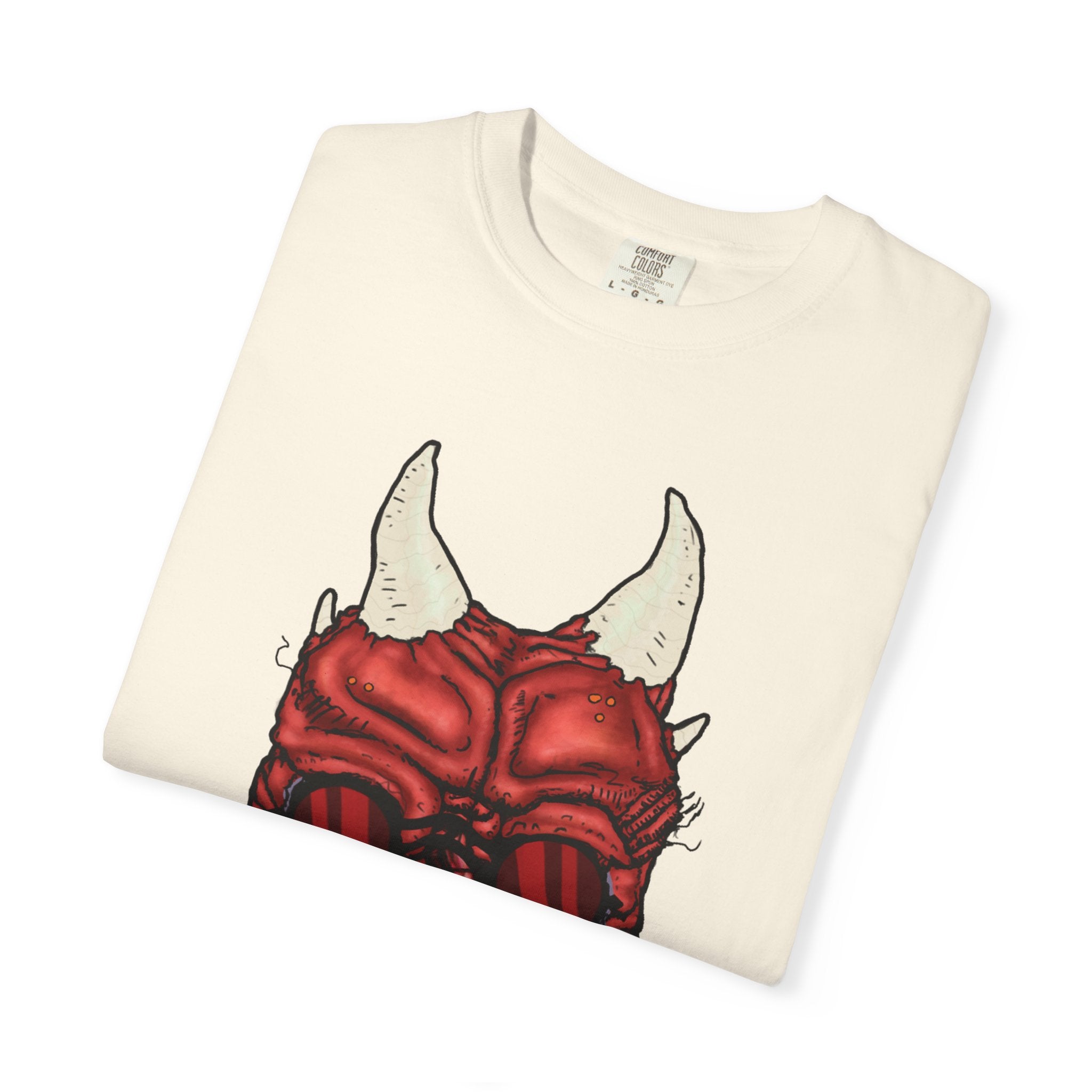 Freaky Features Demon t-shirt, front shows red demon head with horns and glowing eyes, back shows open pizza box being raided by little red devils
